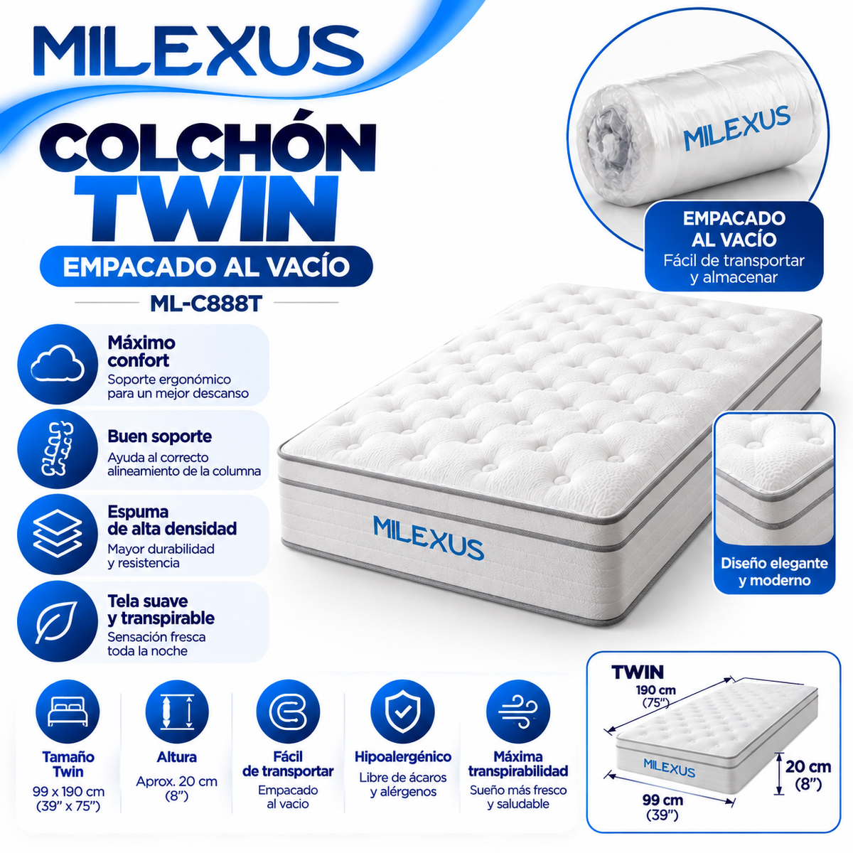 Colchón Twin Milexus Empacado al Vacío Diseño Acolchado ML-C888T