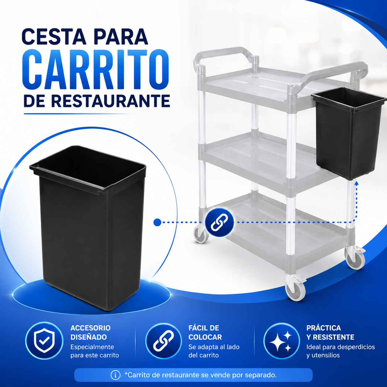 (LLEGANDO 30 DE SEPT) Cesta Contenedor Tinaco Plástico Negro para Carrito de Restaurante Accesorio para HVB805001 | 805021 *No Incluye el carrito*