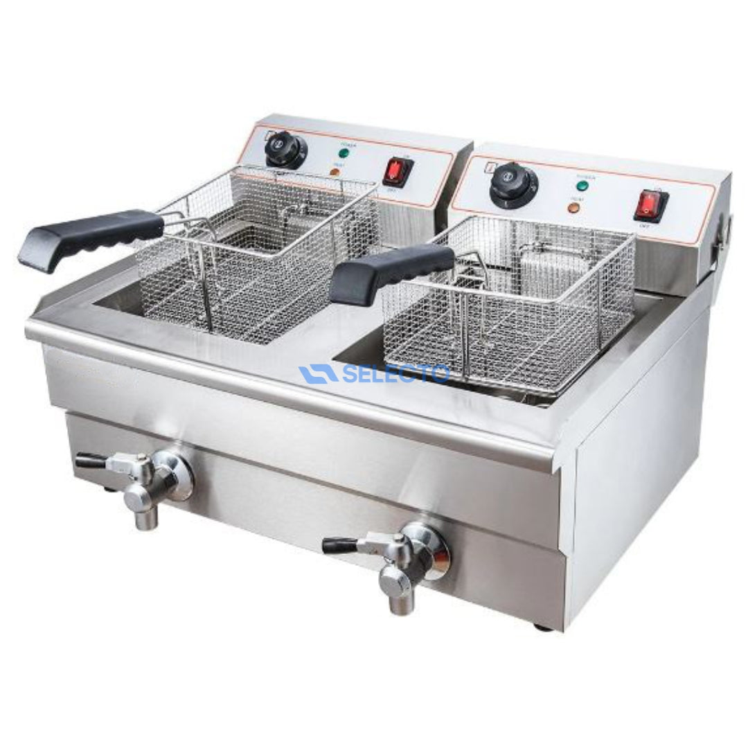 Freidora Eléctrica 110V Doble de 10 Litros + 10 Litros con Drenaje HEF-102V Selecto