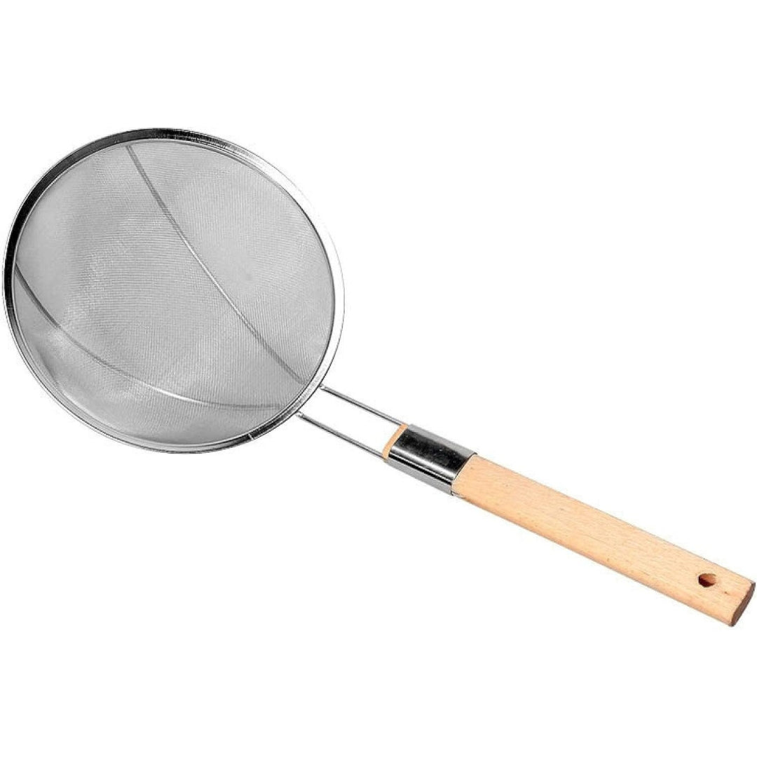 Colador de Acero Inoxidable Tipo Malla de 28cm con Mango de Madera