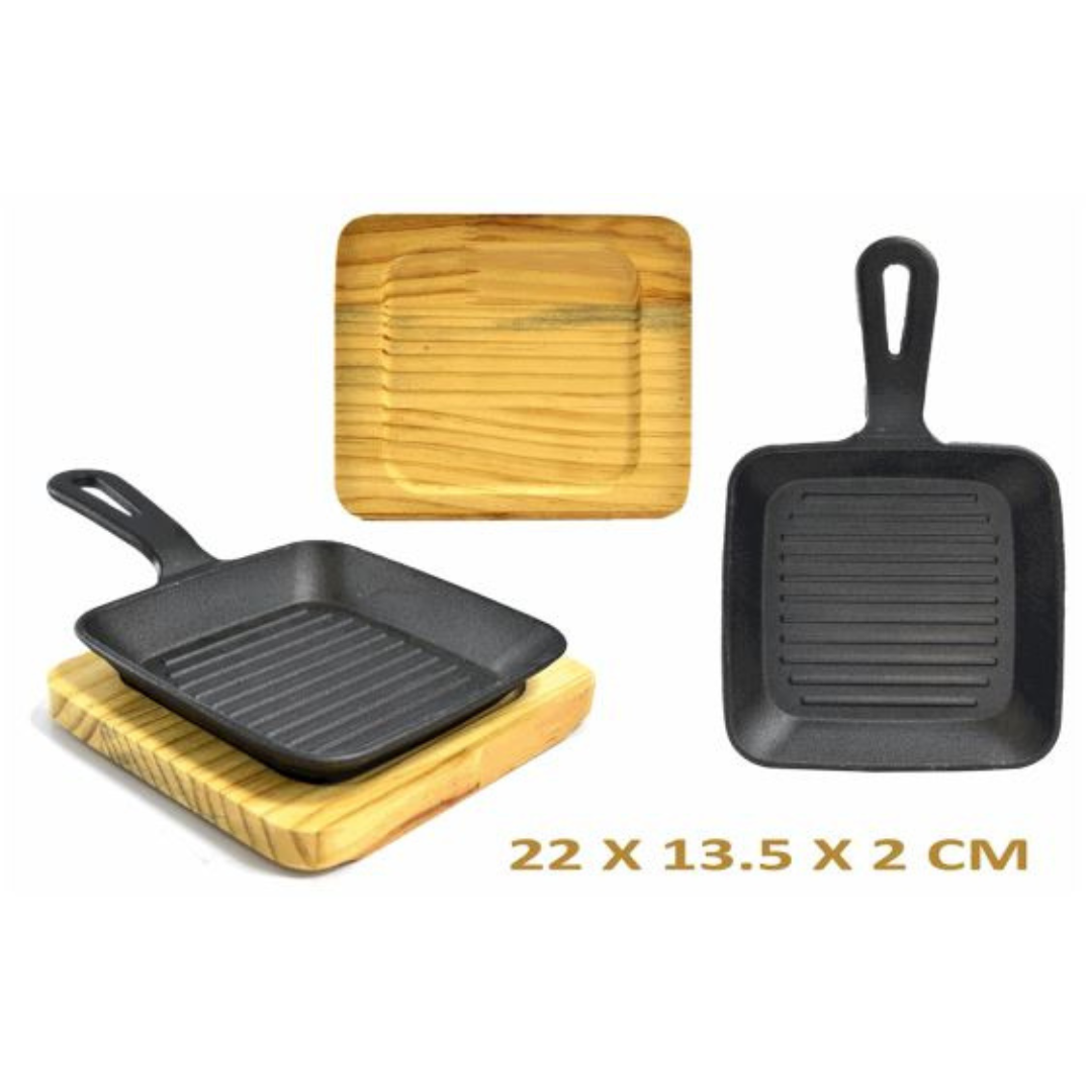 Mini Sartén de Hierro Fundido con Bandeja de Madera 22x13.5x2cm 86052