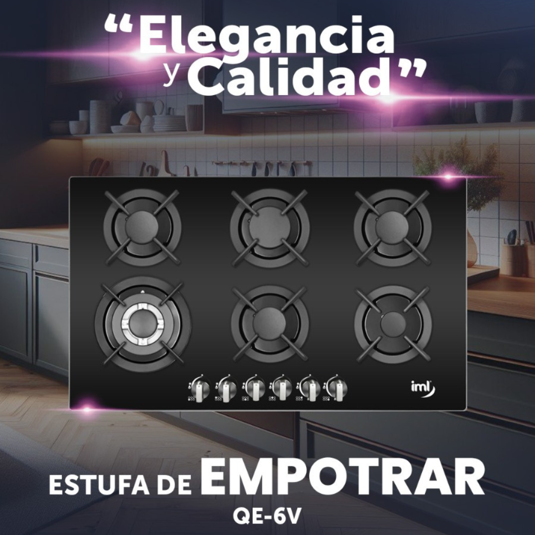 Estufa Empotrable de 6 Quemadores de Vidrio Templado Negro IML QE-6V IML