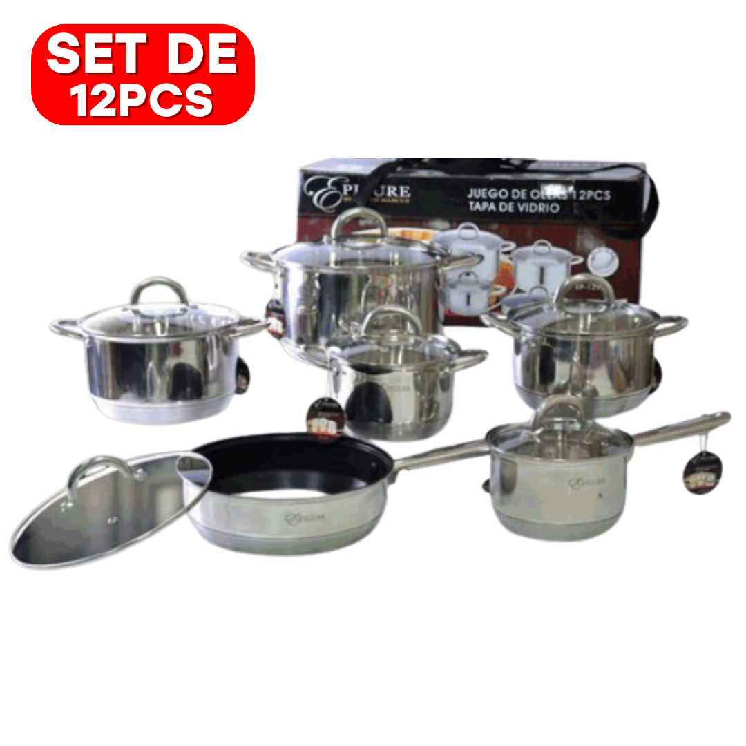 Set de 12 Piezas de Ollas en Acero Inoxidable con Tapas de Vidrio EP-12TFGL Selecto