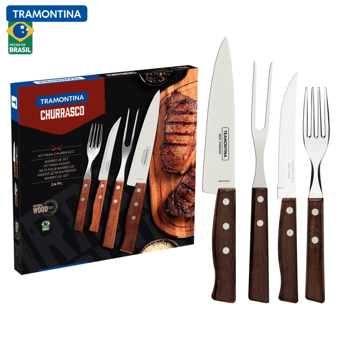 Juego de Cubiertos para Asado Tramontina 22299/011 – 14 Piezas, Acero Inoxidable y Mangos de Madera Natural