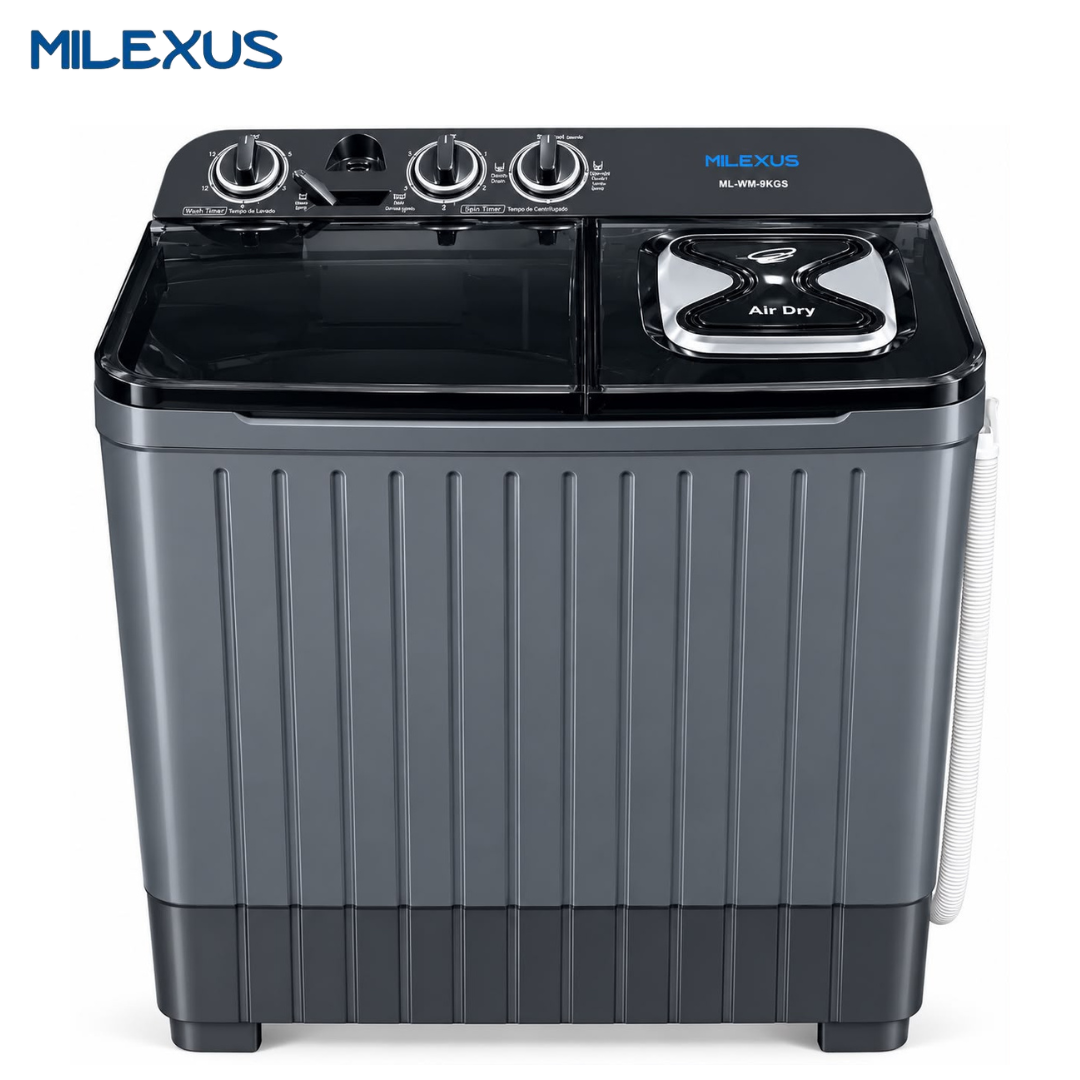 Lavadora Semiautomática Milexus 9 kg / 19.8 lb con Bomba de Drenaje, Doble Tina para Lavado y Centrifugado 110V Negra ML-WM-9KG-110V