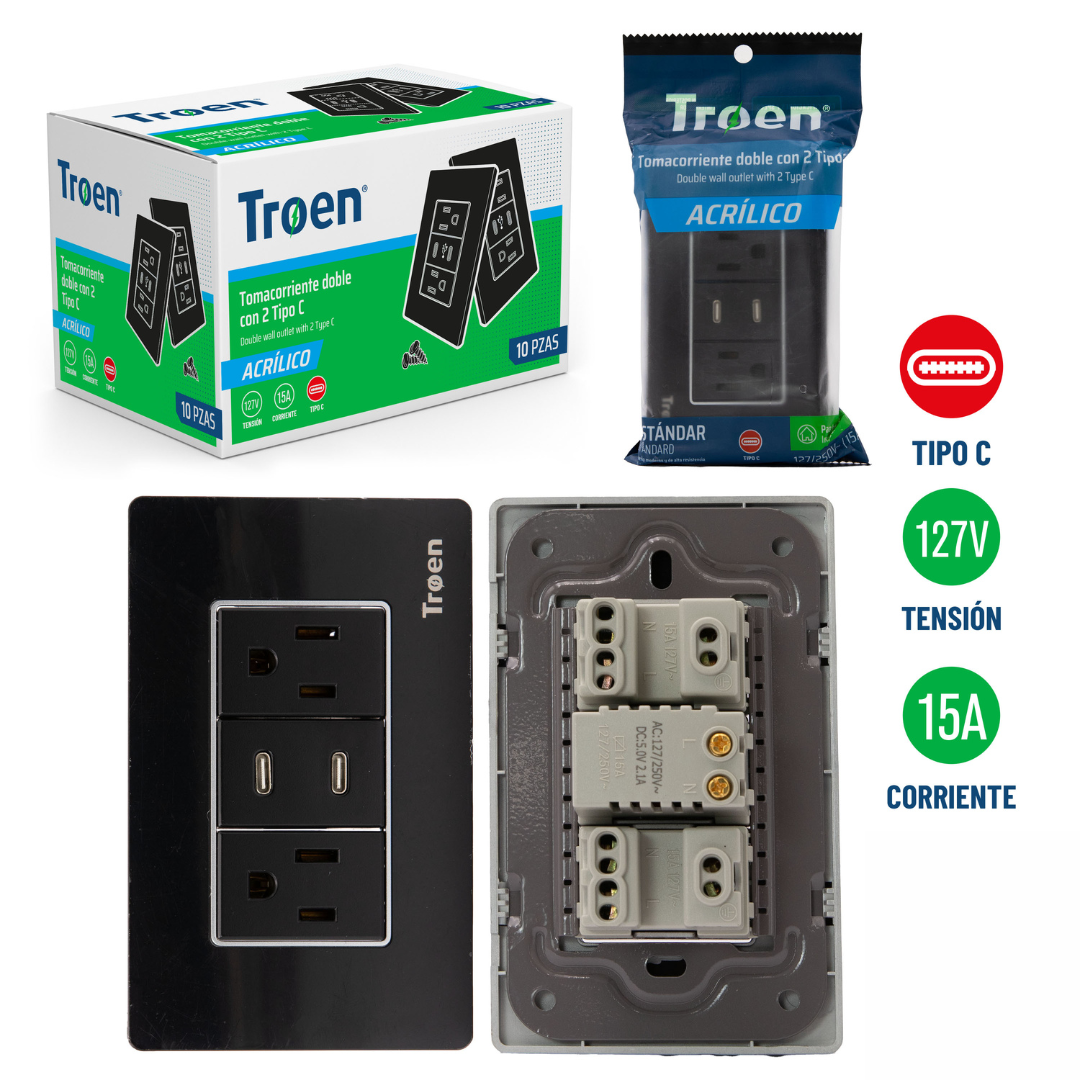 (LLEGANDO 5 DE JUNIO) Tomacorriente Eléctrico con Entrada Tipo C 127V 15A Negro TROEN TR-ATB-6C2TC