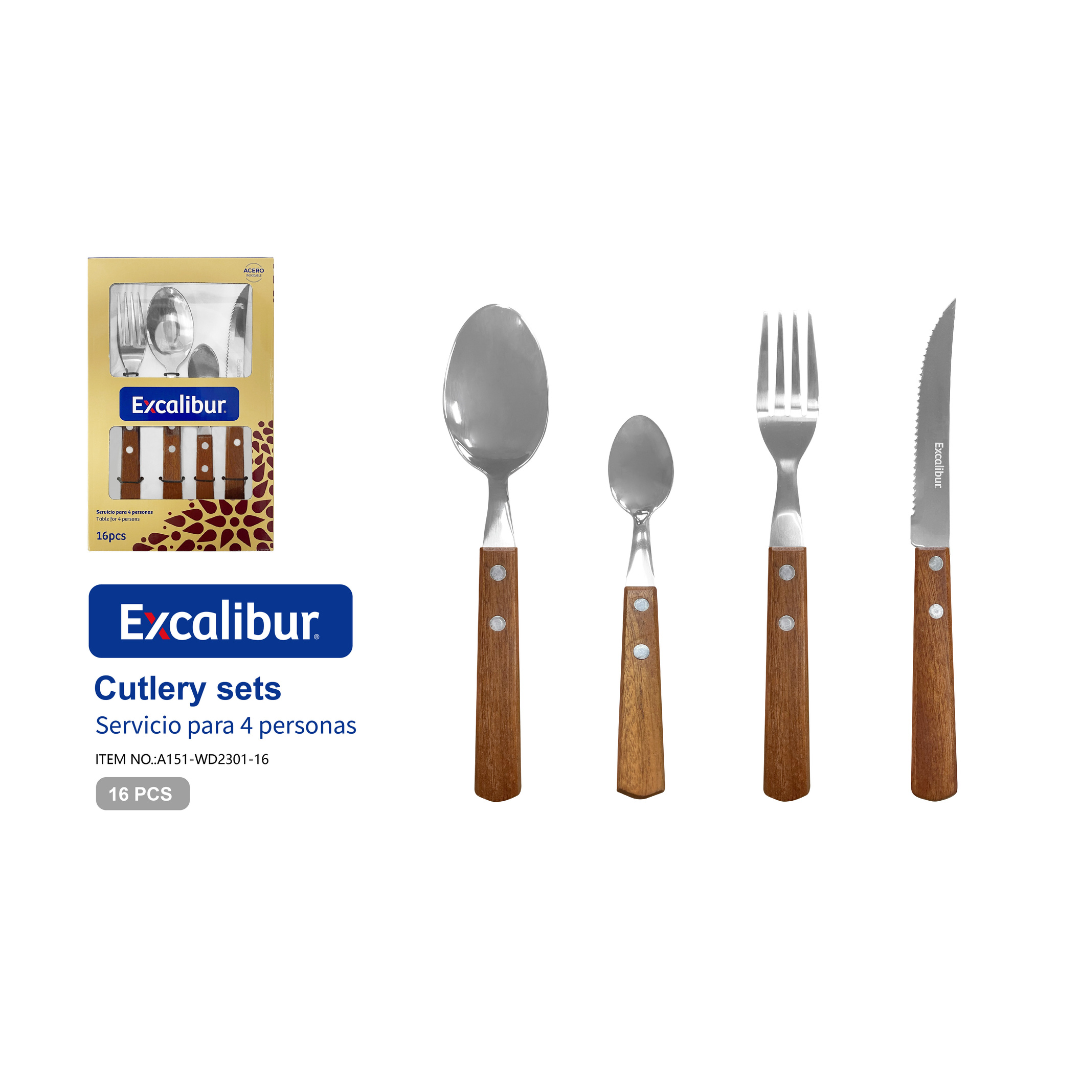 Set de 16 Cubiertos de Acero Inoxidable con Mango de Madera Excalibur A151-WD2301-16 EXCALIBUR