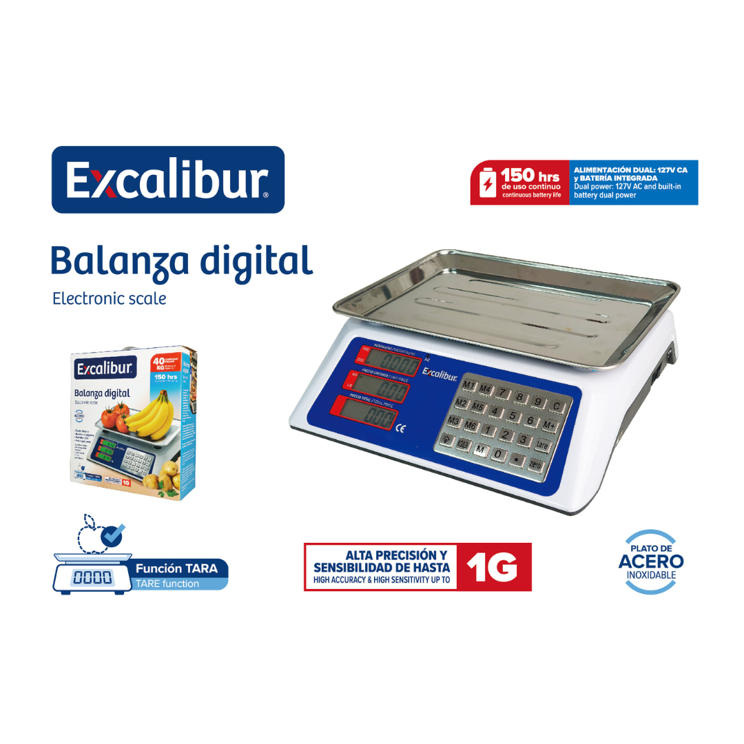 Balanza Digital Recargable 40kg Excalibur EX-ESC-40KG Báscula. Pesa.