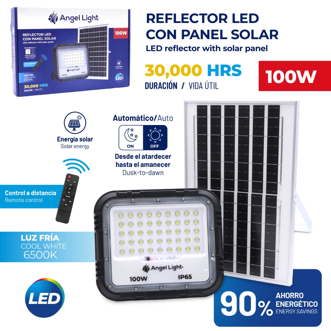 Reflector LED Solar Angel Light 100W con Panel Solar, Control Remoto IP65 AL-SFL-100W