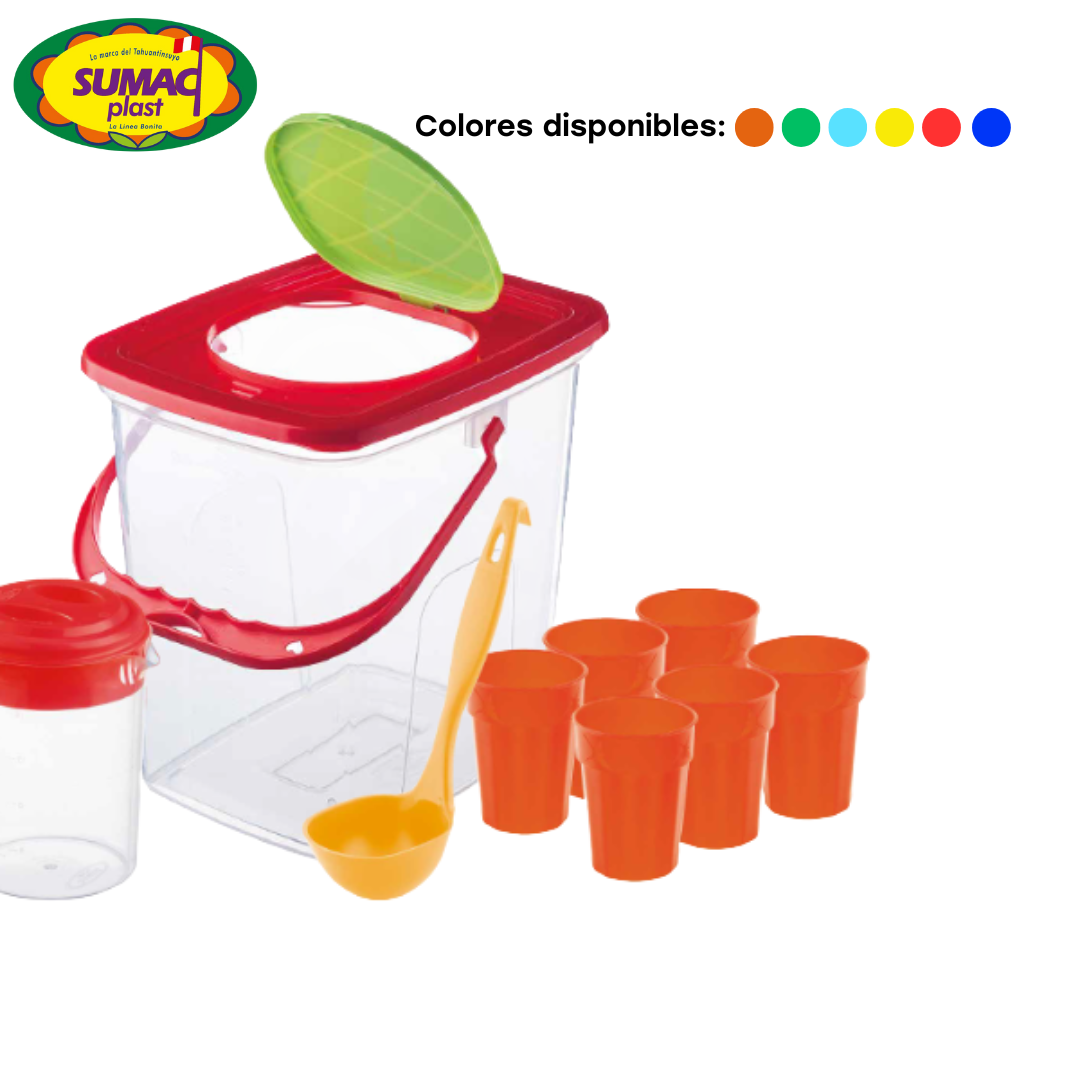 Set Balde 9L + 6 Vasos + Cucharon + Jarra Plástica Sumac Plast PTCOMSET0014 Sumacplast