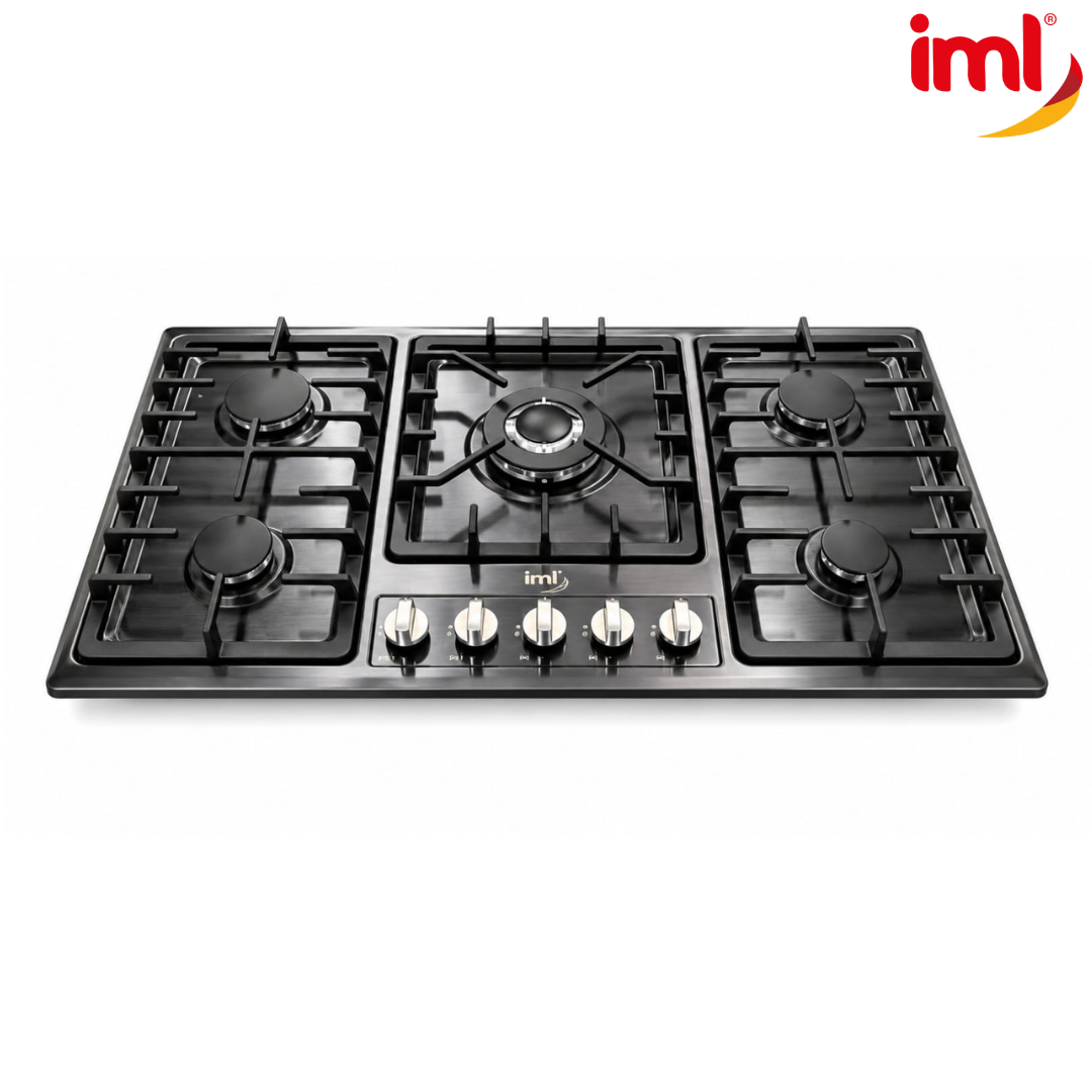 Estufa Empotrable a Gas de 5 Quemadores en Acero Inoxidable Negro 86x51cm IML QE-5AN