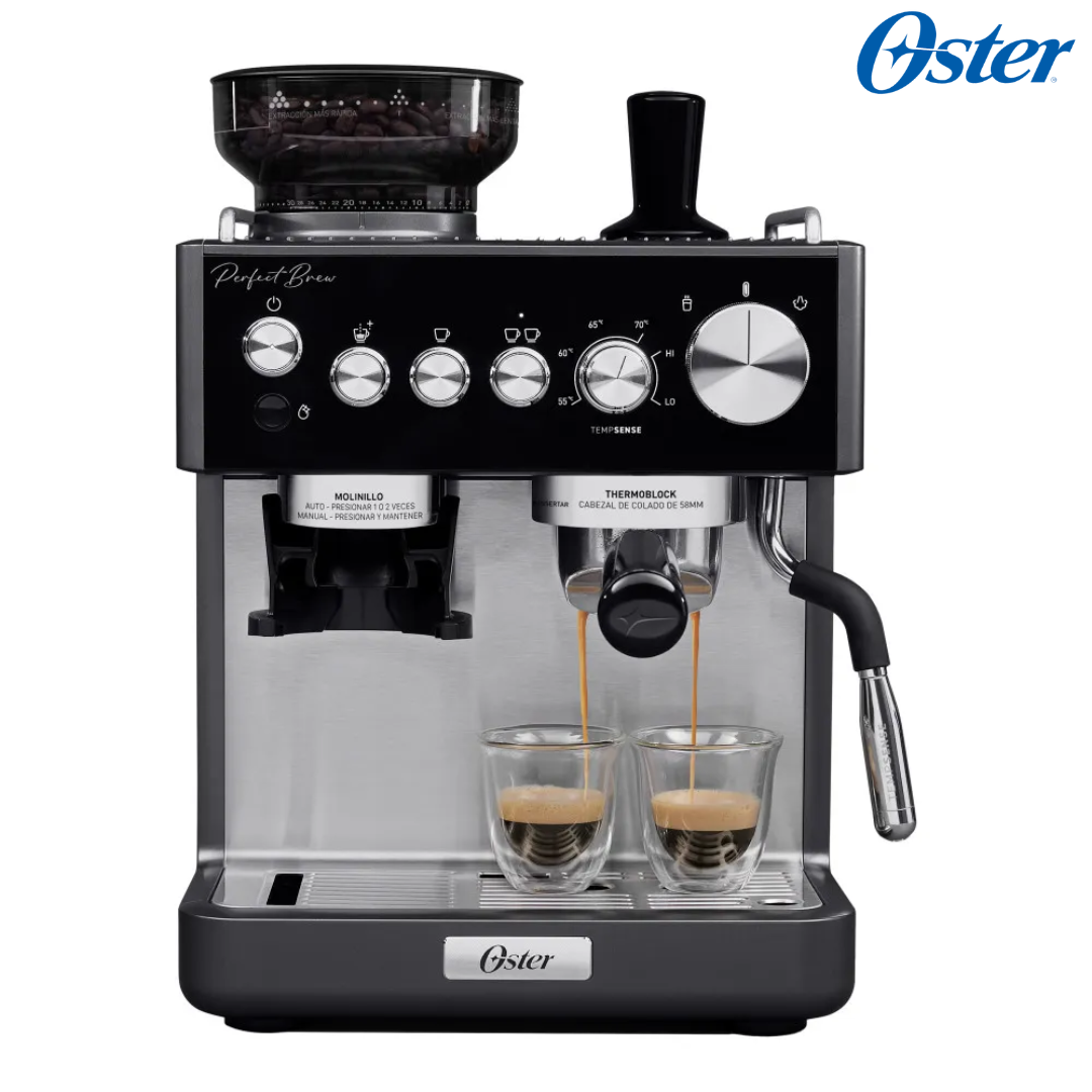 Cafetera Perfect Brew de Café Espresso con Molinillo de Muelas Tubo de Vapor Tempsense Porta Filtro de 58mm 15 Bar Oster BVSTEM7301 Oster
