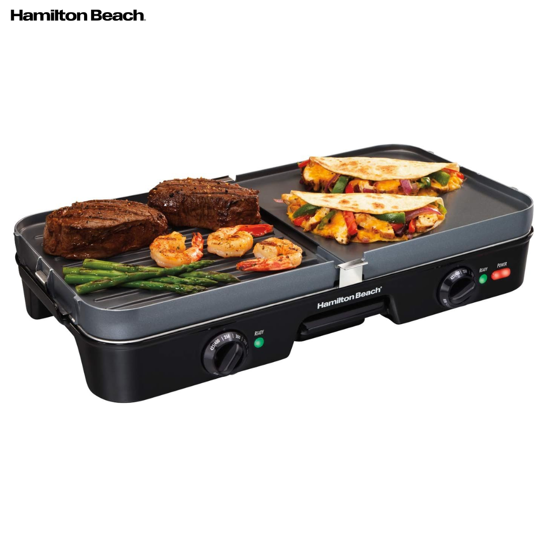 Plancha y Parrilla Eléctrica Hamilton Beach HB38546 3 en 1 – 1400W, Placas Reversibles y 2 Zonas de Cocción