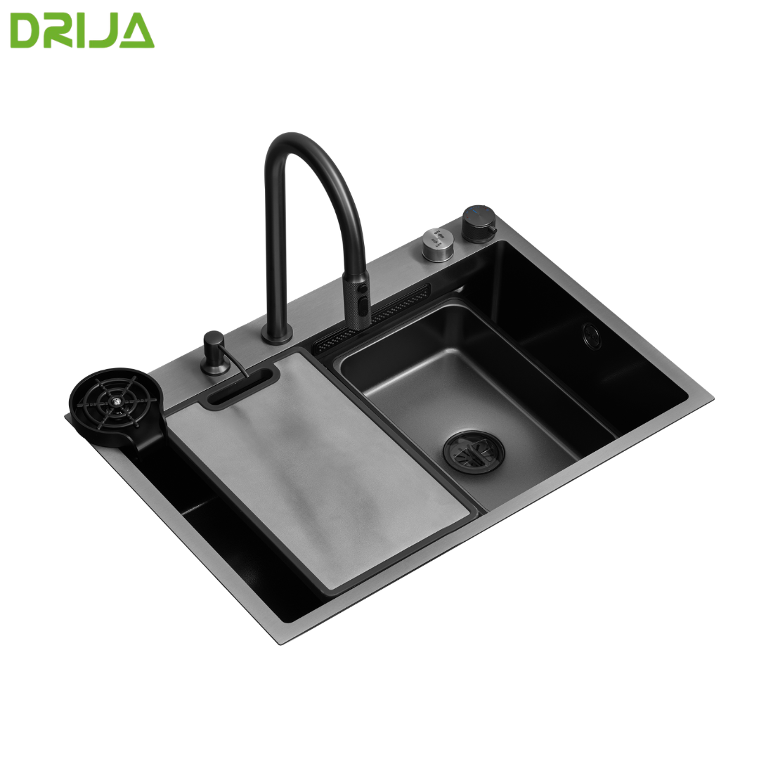 Fregador de Cocina de Lujo Drija Cirella 75 de 75 cm en Acero Inoxidable 304 Satinado con Grifería Extraíble, Cascada, Enjuagador de Vasos y Accesorios Incluidos