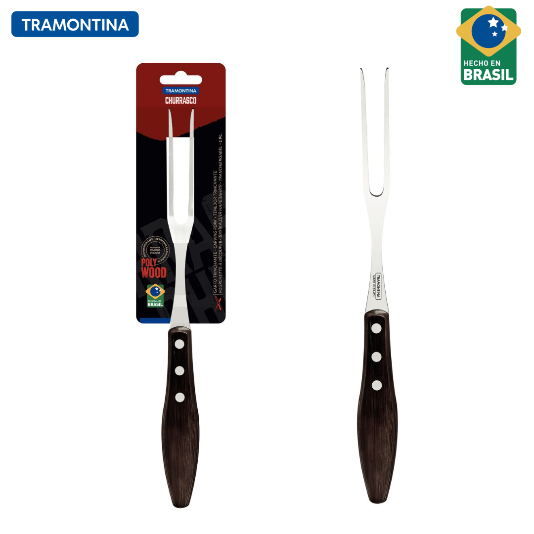 Tenedor Trinchante Tramontina Churrasco con Lámina de Acero Inoxidable y Mango de Madera Tratada Polywood Castaño 21192/190 Trinche. Trincha. TRAMONTINA