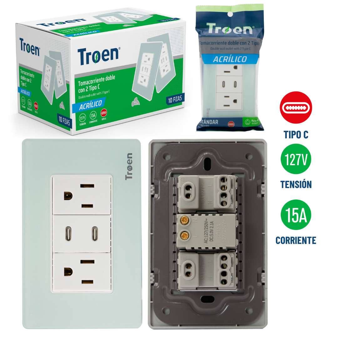 (LLEGANDO 5 DE JUNIO) Tomacorriente Eléctrico con Entrada Tipo C 127V 15A Blanco TROEN TR-ATG-6C2TC
