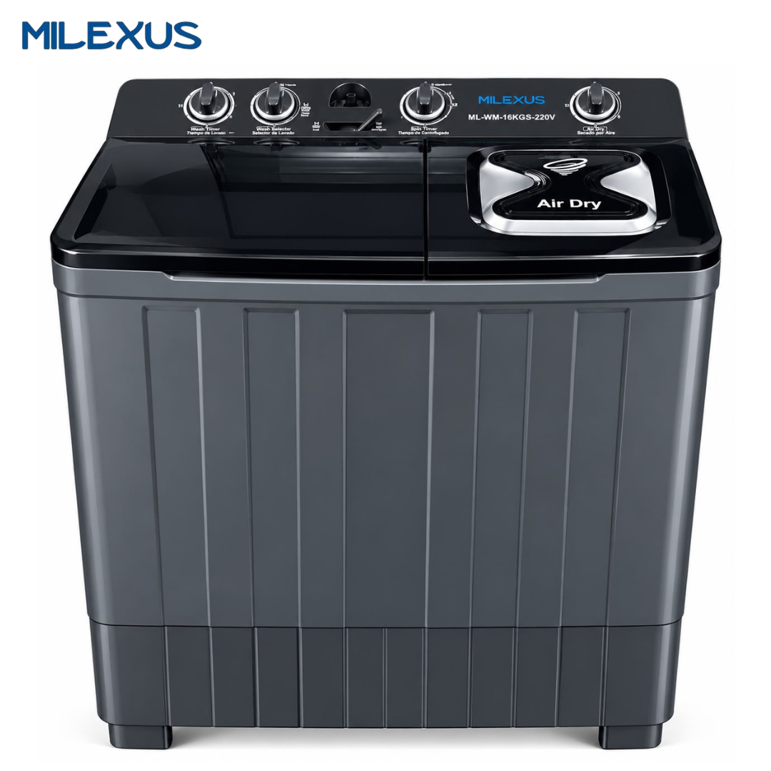 Lavadora Semiautomática Milexus 16 kg / 35.3 lb con Bomba de Drenaje, Doble Tina para Lavado y Centrifugado 110V Negra ML-WM-16KG-110V