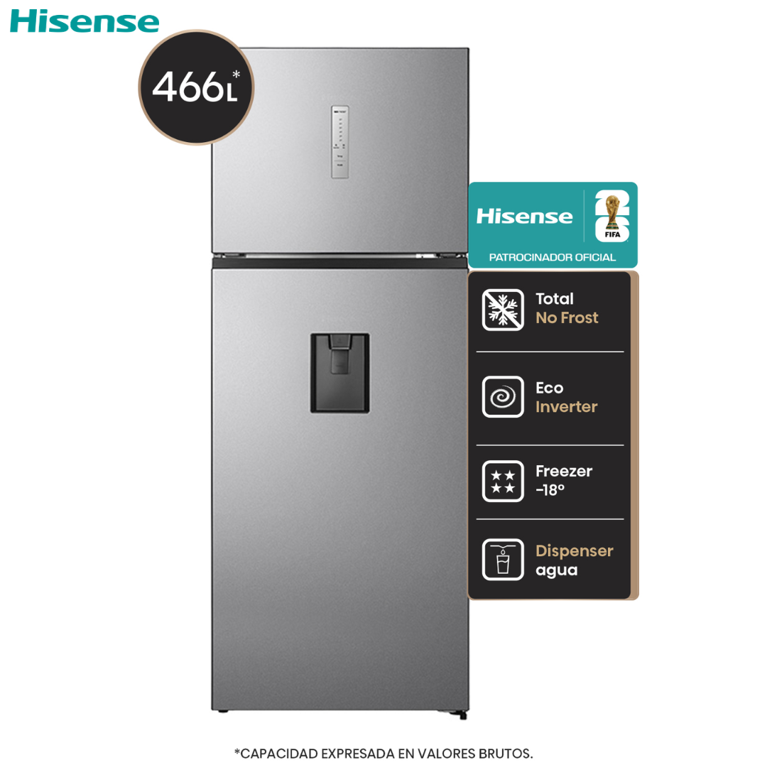 Refrigeradora Top Mount Hisense RT3N461NACA 16.5 Pies³ No Frost con Compresor Inverter, Multi Air Flow y Dispensador de Agua | Acero Inoxidable Nevera.