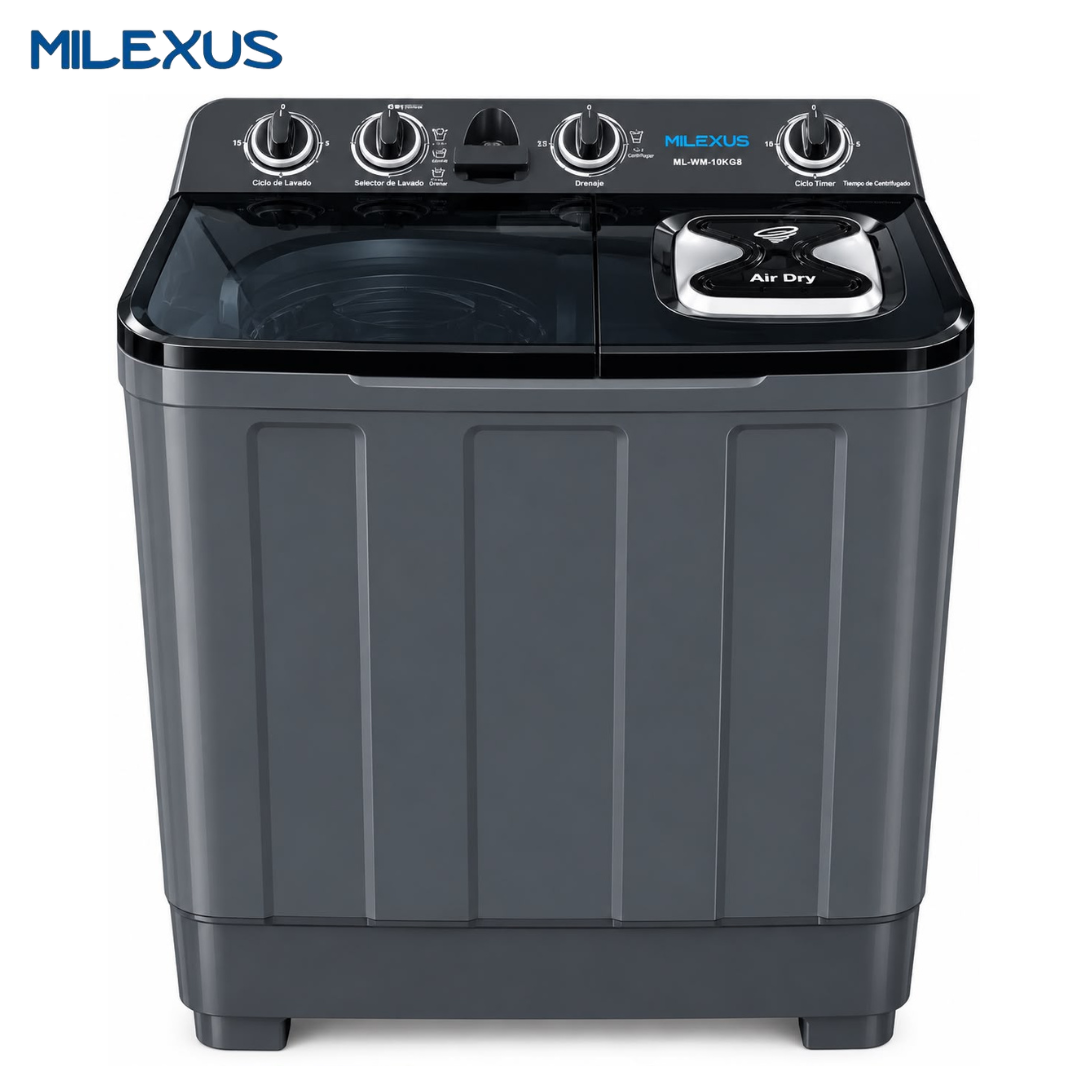 Lavadora Semiautomática Milexus 10 kg / 22 lb con Bomba de Drenaje, Doble Tina para Lavado y Centrifugado 110V Negra ML-WM-10KG-110V