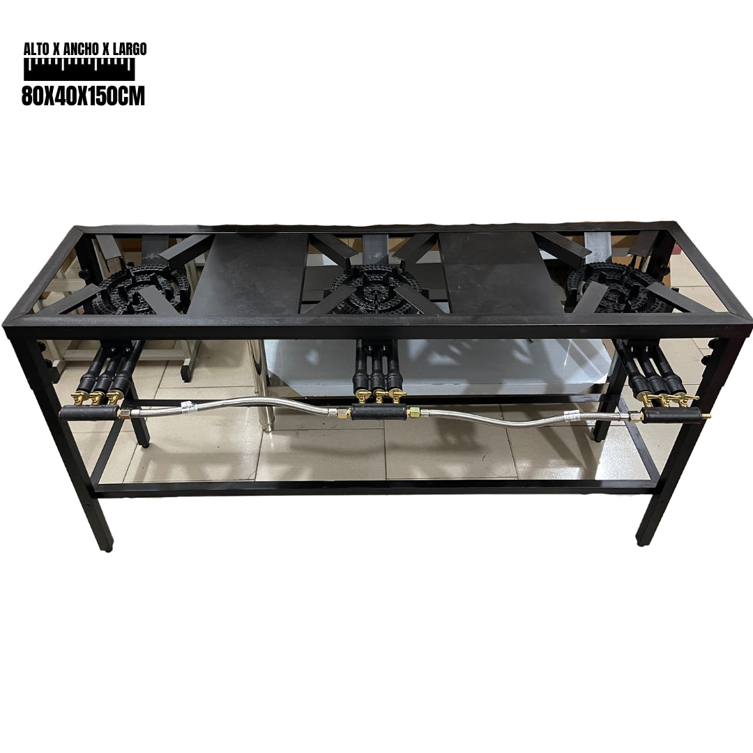 Estufa de Hierro Industrial con Patas 3 Quemadores de 3 Llaves a Gas 3x3x3