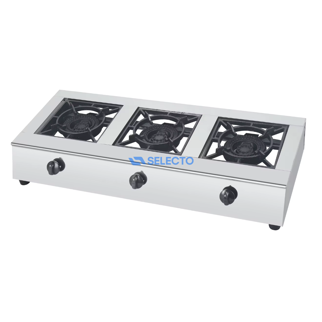 Estufa de Acero Inoxidable de 3 Quemadores de Hierro Colado a Gas con Encendido Automático AM-3 Selecto