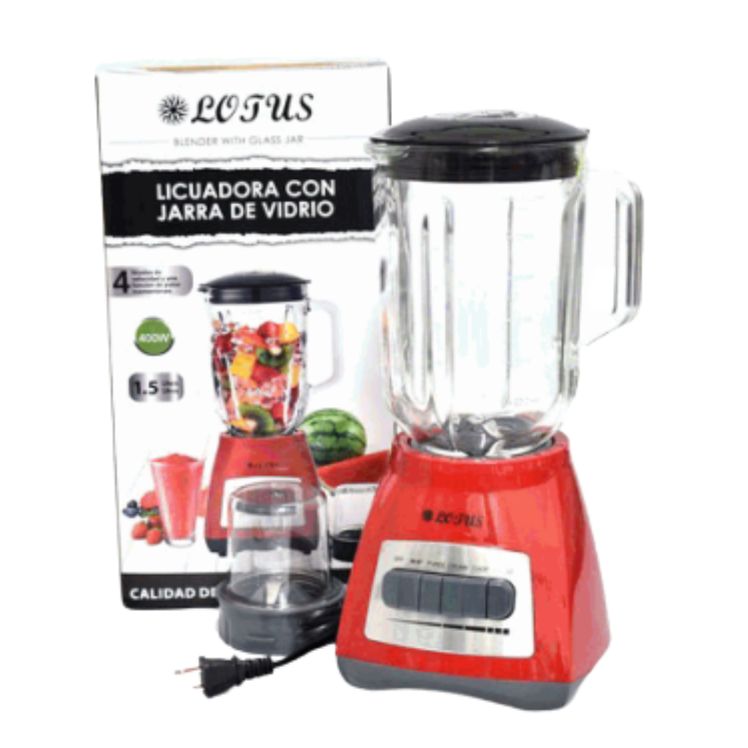 Licuadora con Procesador de Alimentos con Jarra de Vidrio 1.5L 400W Rojo LT-946