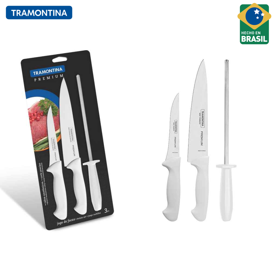 Set 3 Cuchillos con Chaira Premium Blanco de Acero Inoxidable Tramontina 24499-812