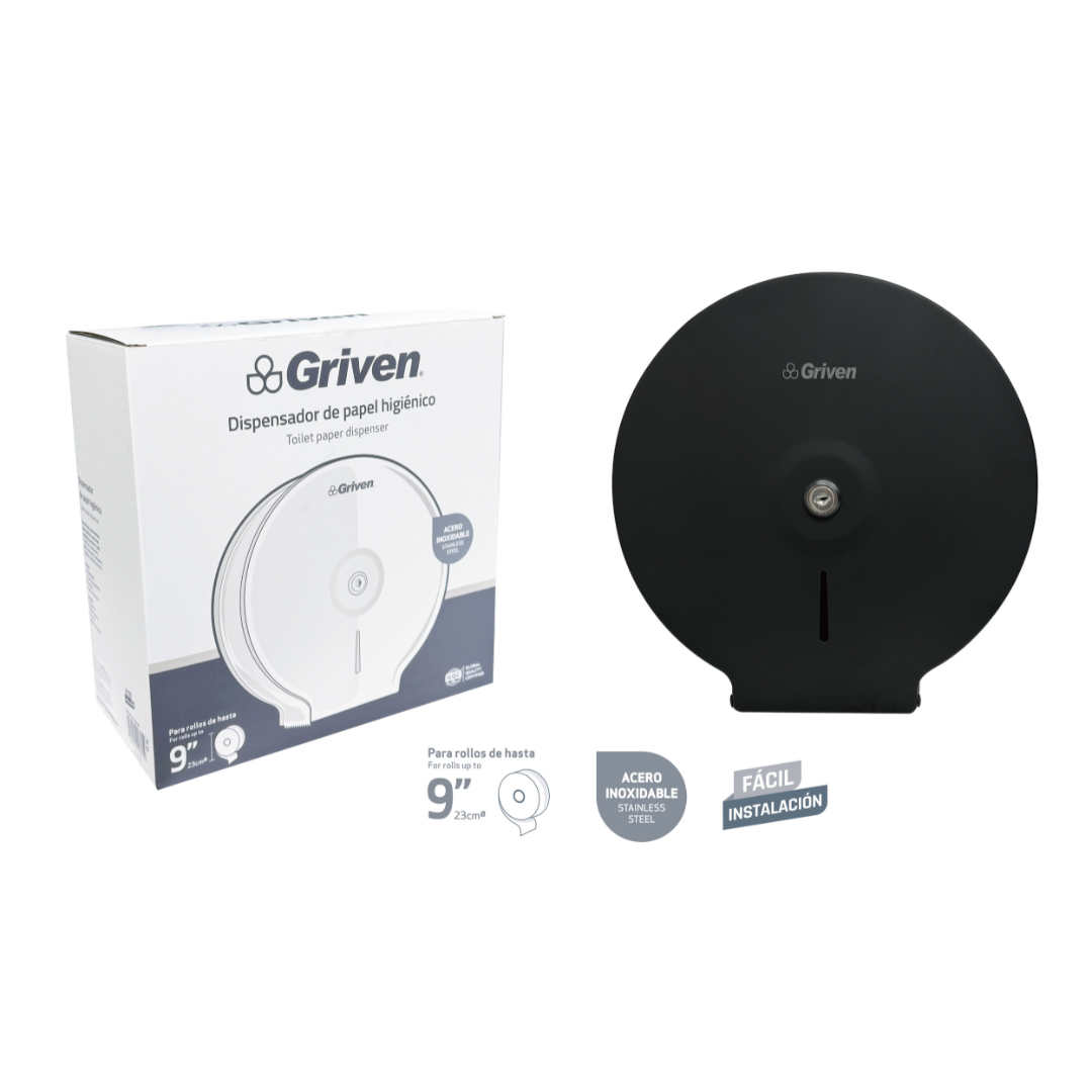 Dispensador de Papel Higiénico de Acero Inoxidable Negro 9" Griven GV-TOB-BS
