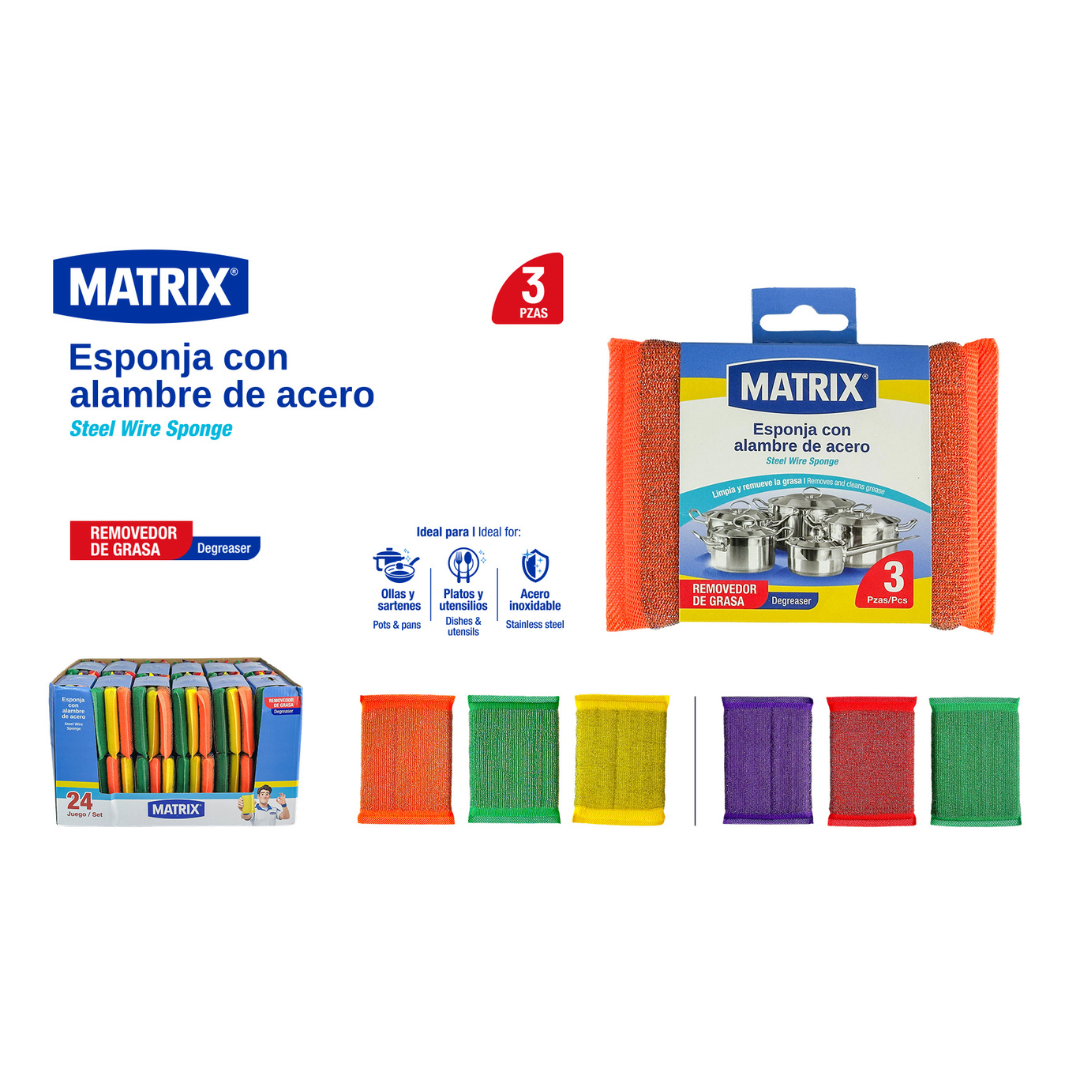Set de 3 Esponjas con Alambre de Acero Removedor de Grasa para Fregar Multiuso Matrix K2015