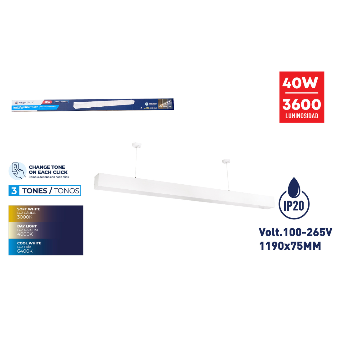 Lampara LED Colgante 40W 3 Tonos Blanco 1190x75mm Angel Light AL-YCCT-40W