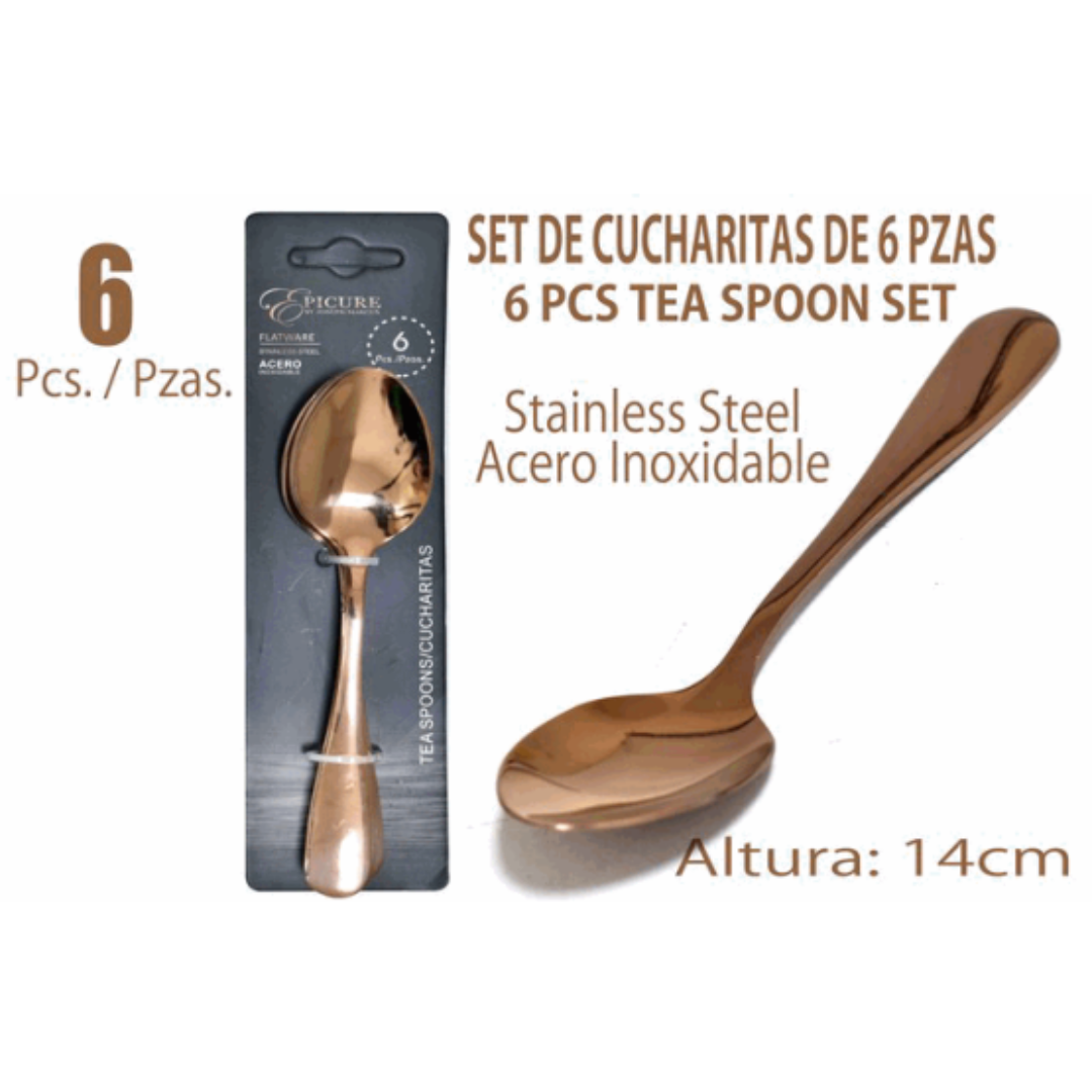 Set de 6 Cucharas para Té 14cm de Acero Inoxidable Dorado EP-6TS-RG4 Selecto