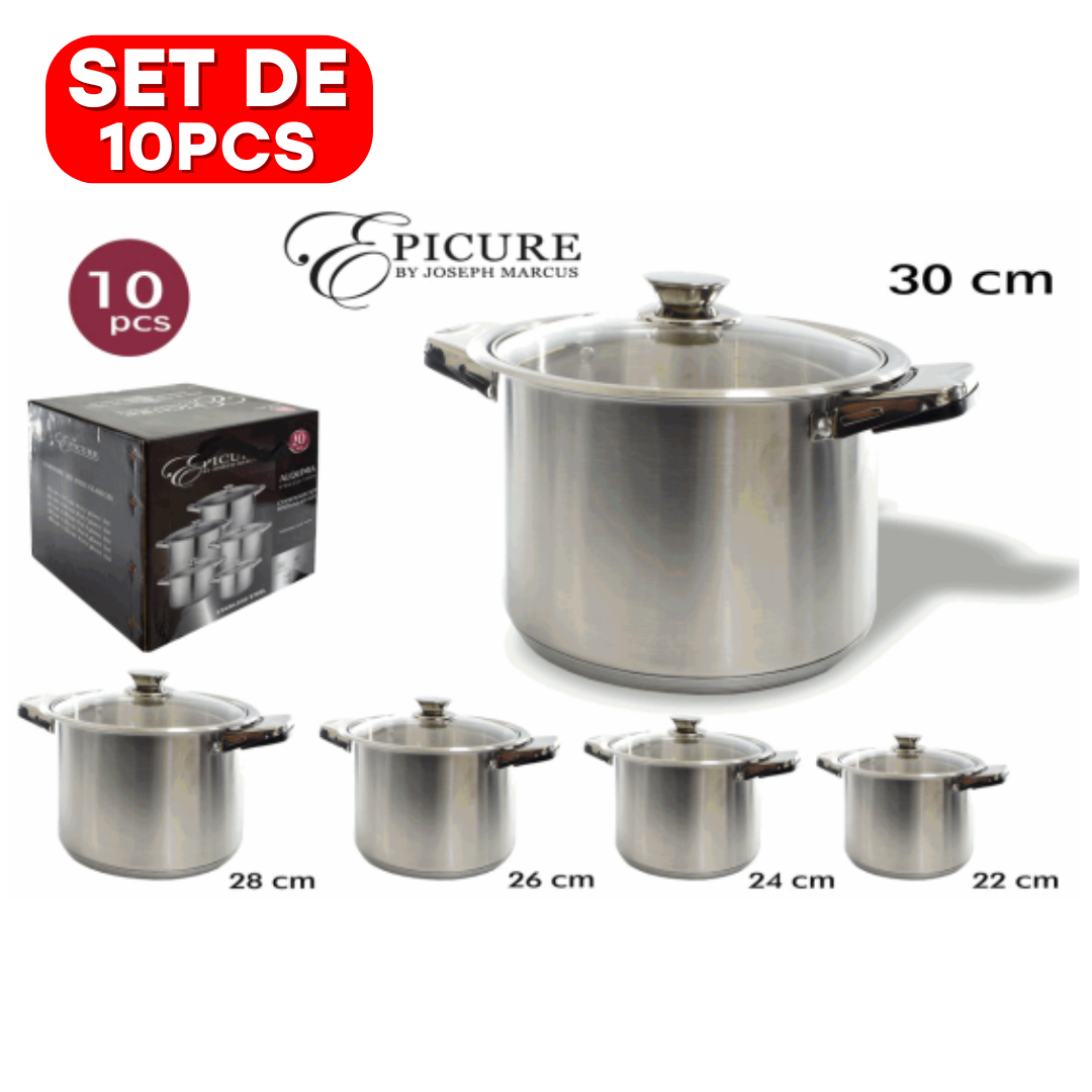 Set de 10 Piezas de Ollas en Acero Inoxidable con Tapas de Vidrio EP-A013GL-ST Selecto