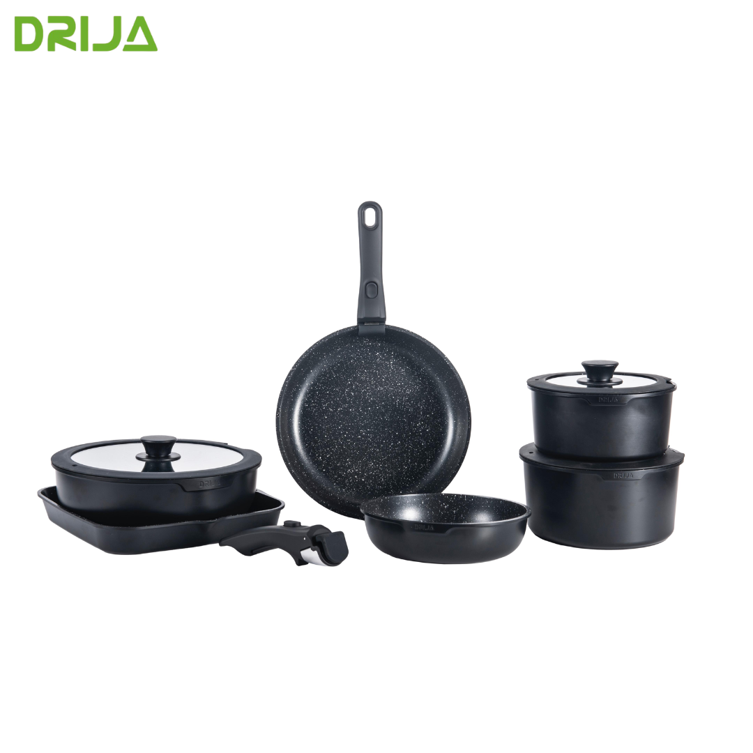 Juego de Ollas y Sartenes 19 Piezas Antiadherente Negro Compatible con Estufa de Inducción Drija BUCATINI 19-B