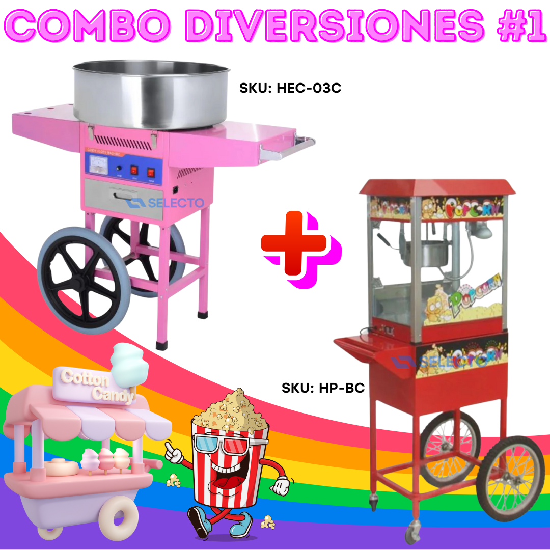 Combo Diversiones #1 Máquina de Popcorn con Carreta 6oz HP-BC + Máquina de Algodón de Azúcar con Carreta HEC-03C Millo. Palomitas.