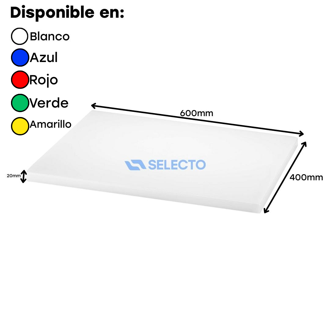 Tabla de Picar de Polietileno de 600x400x20mm Blanco, Azul, Rojo, Verde, Amarillo