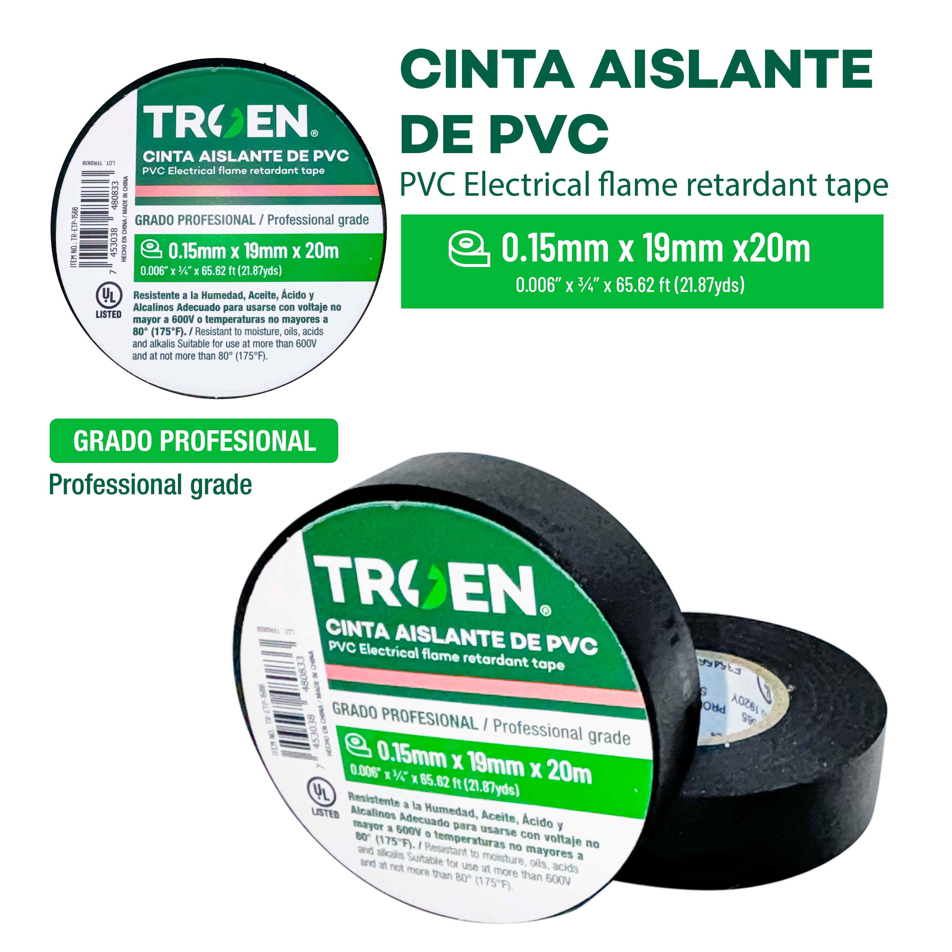 Set 12 Cinta Aislante de PVC 0.15mmx19mmx20m TROEN TR-ETP-1566 Gutapercha. TROEN