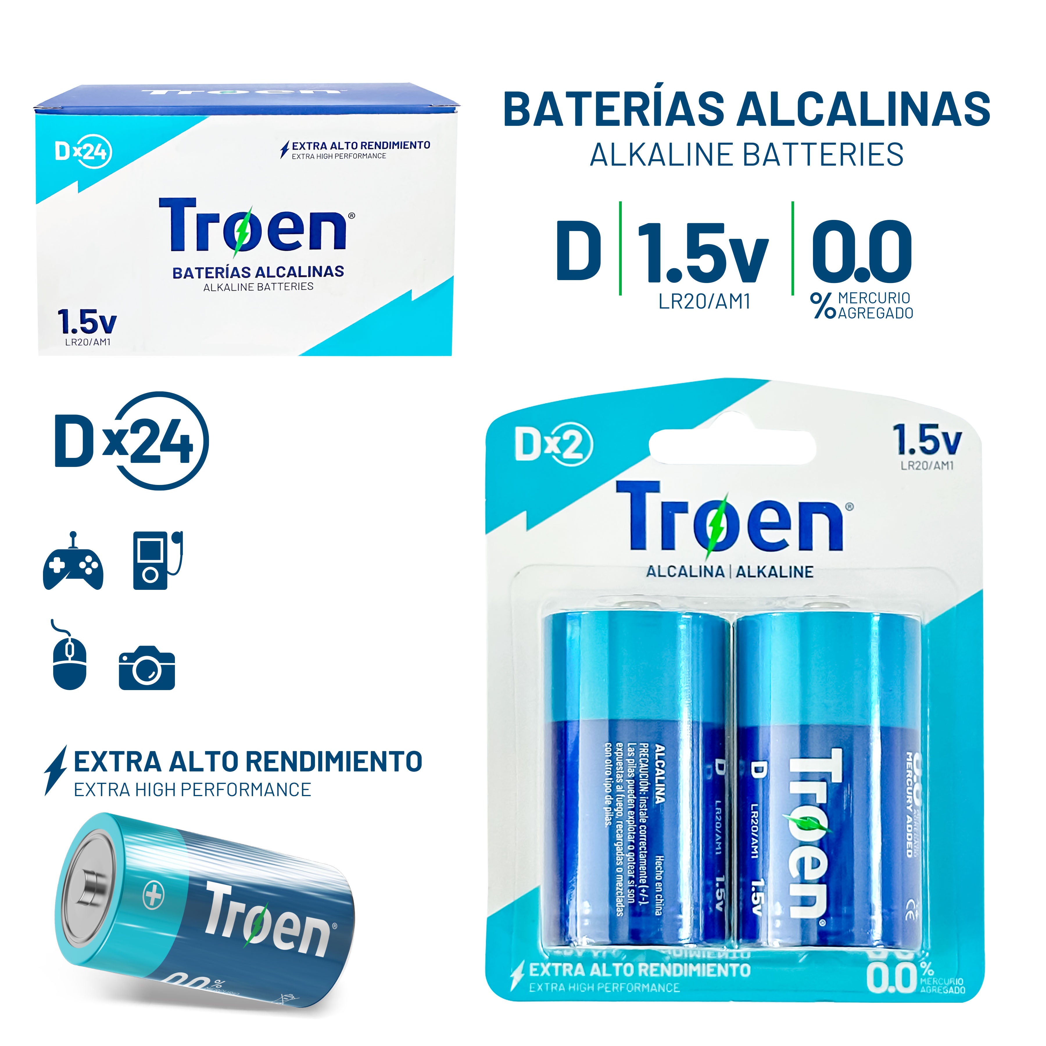 Set de 2 Baterías "D" 1.5V Alcalinas TROEN TR-KL-D-2