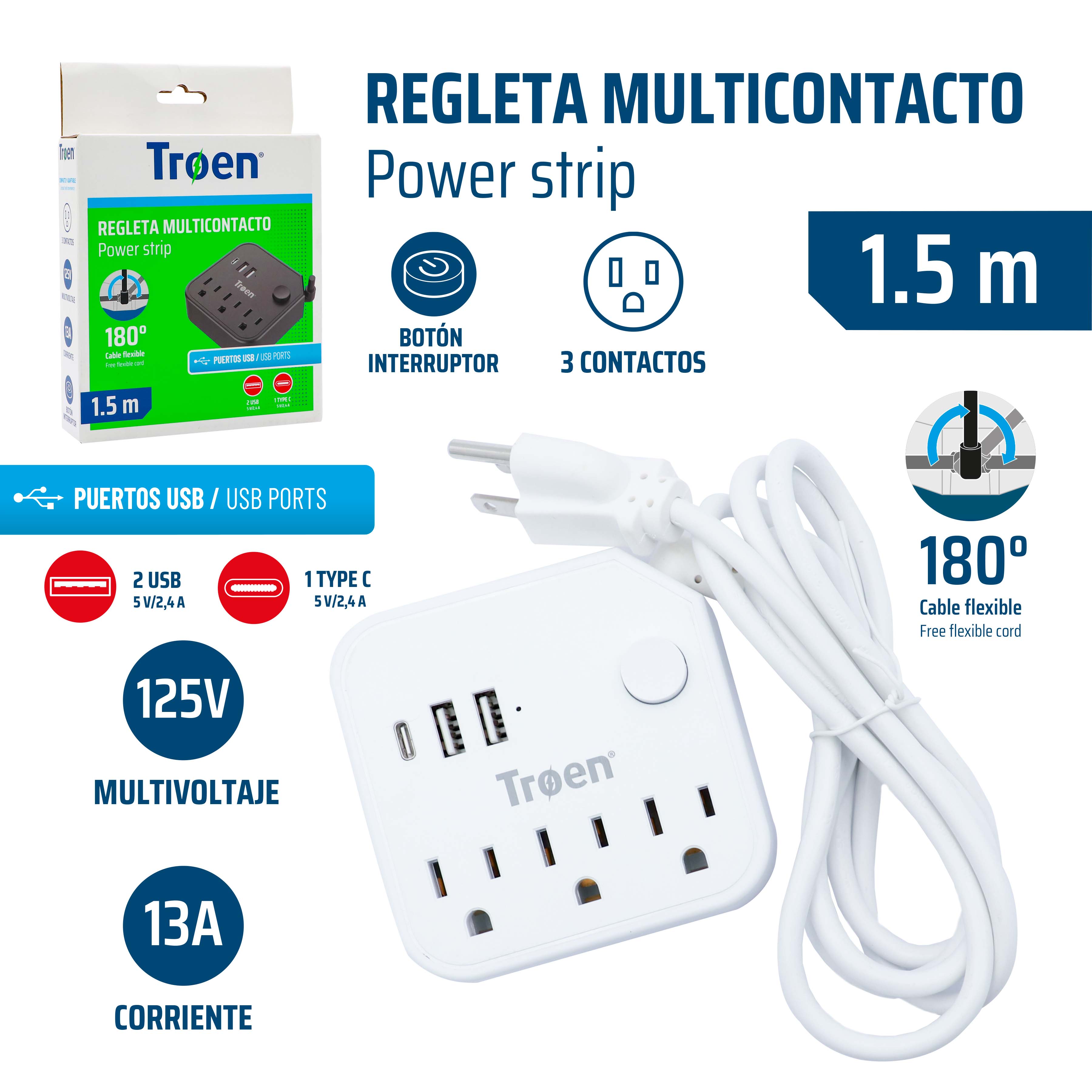 Regleta Eléctrica Multicontacto con Entrada USB TROEN TR-MSC2U1C-W