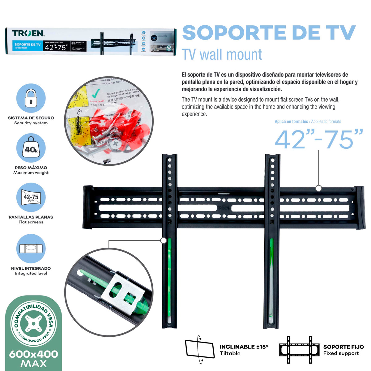 Soporte de TV Fijo Inclinable TROEN para Pantallas de 42" a 75" | TR-TVFB-4275