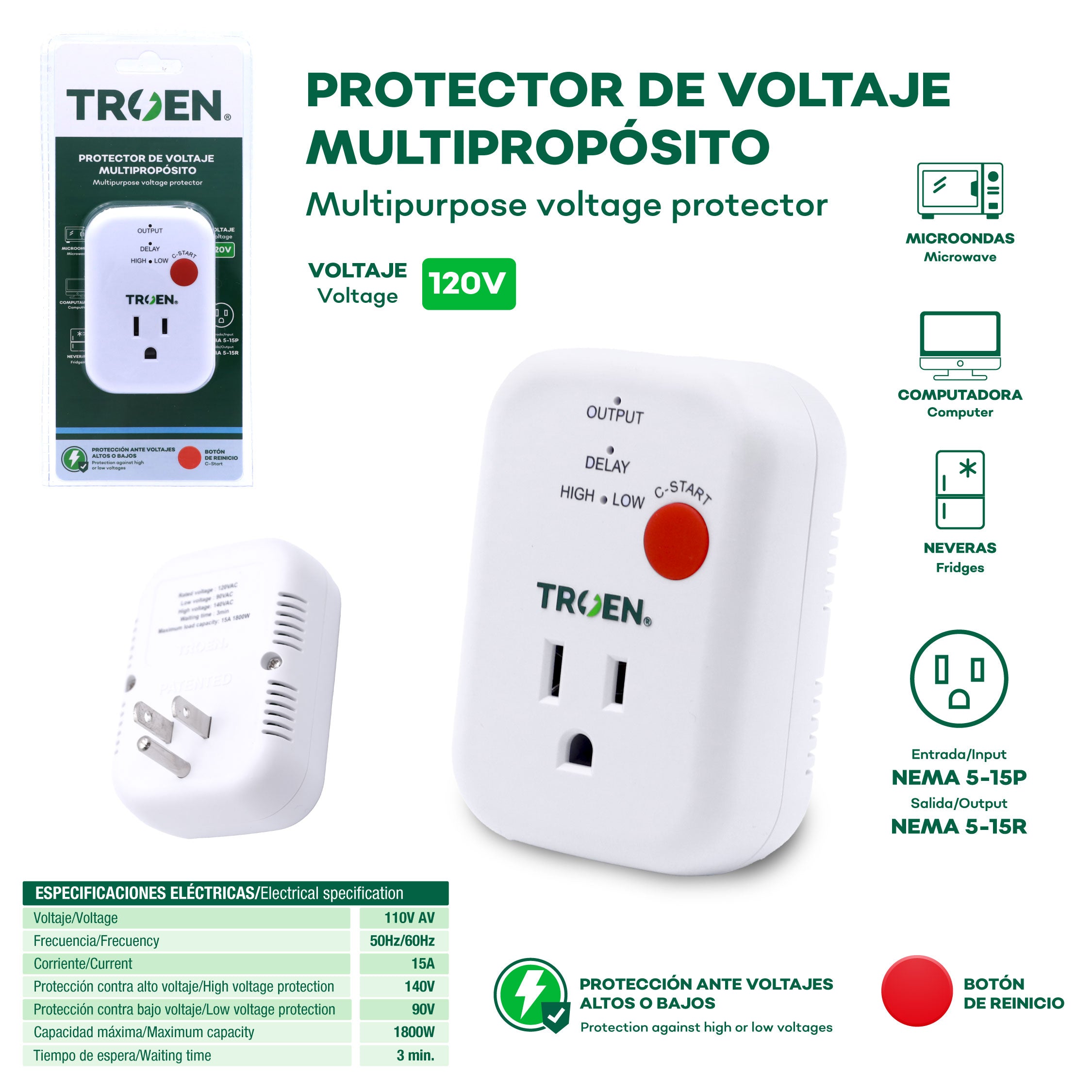 Protector de Voltaje Multipropósito 120V TROEN TR-VP-030