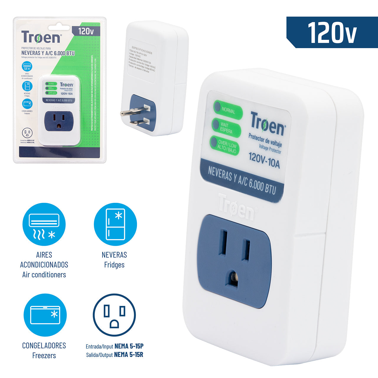 Protector de Voltaje 120V para Neveras y Aire Acondicionados 6K BTU TROEN TR-VP10-120V TROEN