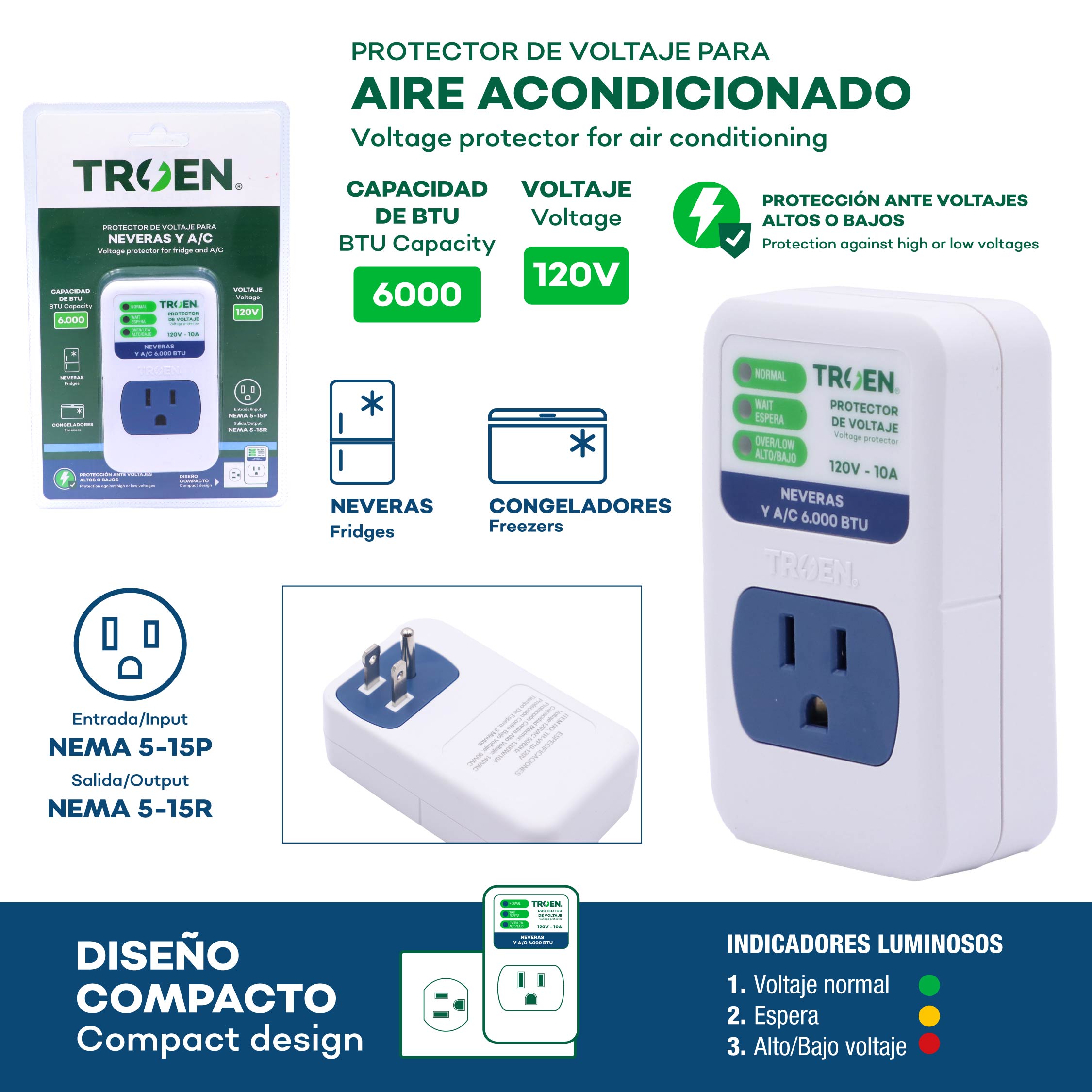 Protector de Voltaje 120V para Neveras y Aire Acondicionados 6K BTU TROEN TR-VP10-120V