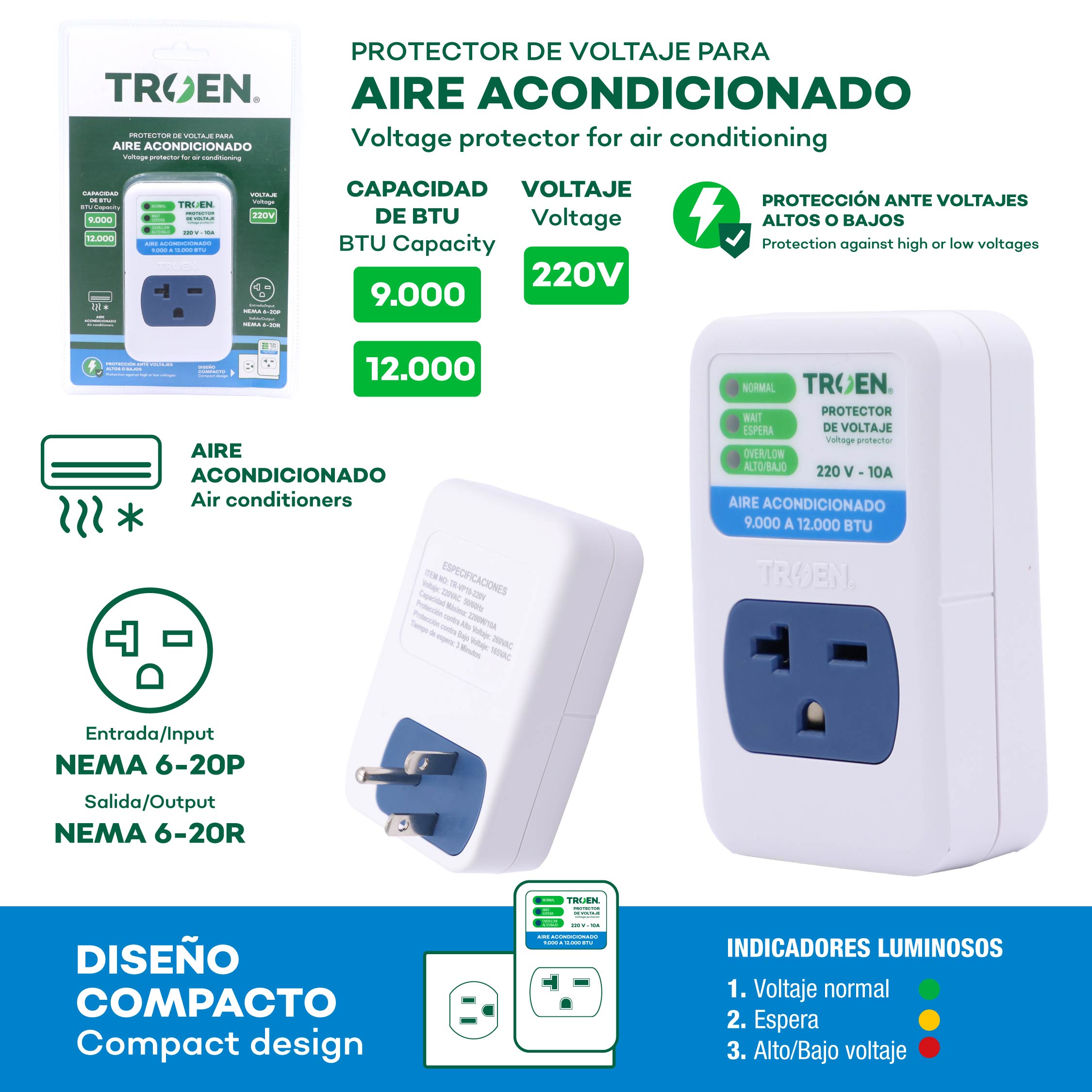 Protector de Voltaje 220V para Aire Acondicionados 9k-12k BTU TROEN TR-VP10-220V TROEN