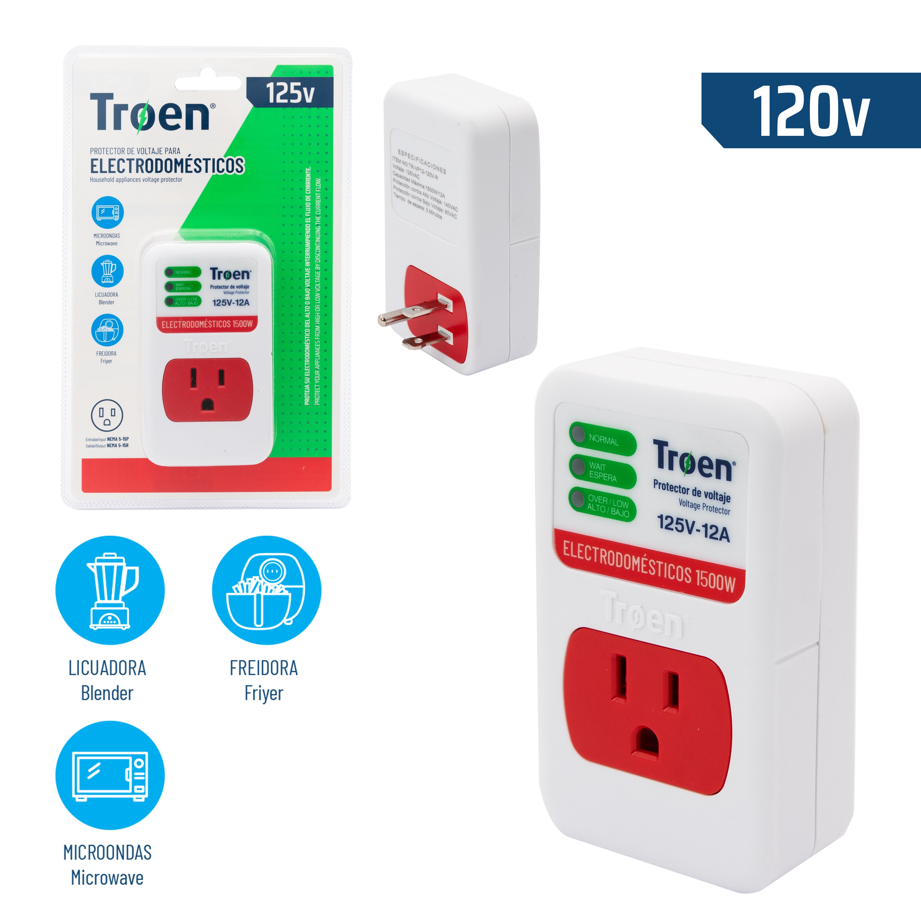 Protector de Voltaje 120V para Electrodomésticos TROEN TR-VP12-120V-R