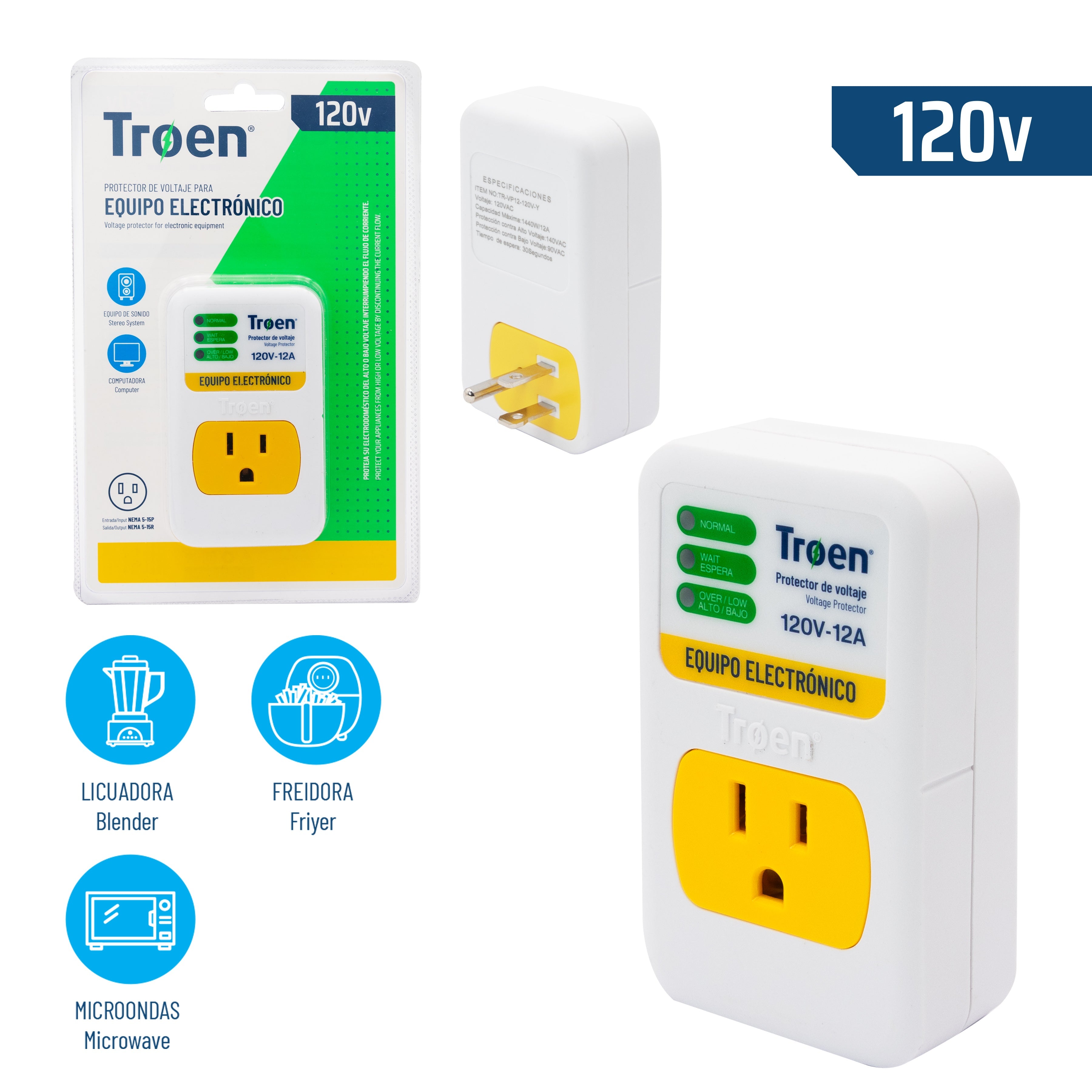 Protector de Voltaje 120V para Equipos Electrónico TROEN TR-VP12-120V-Y TROEN