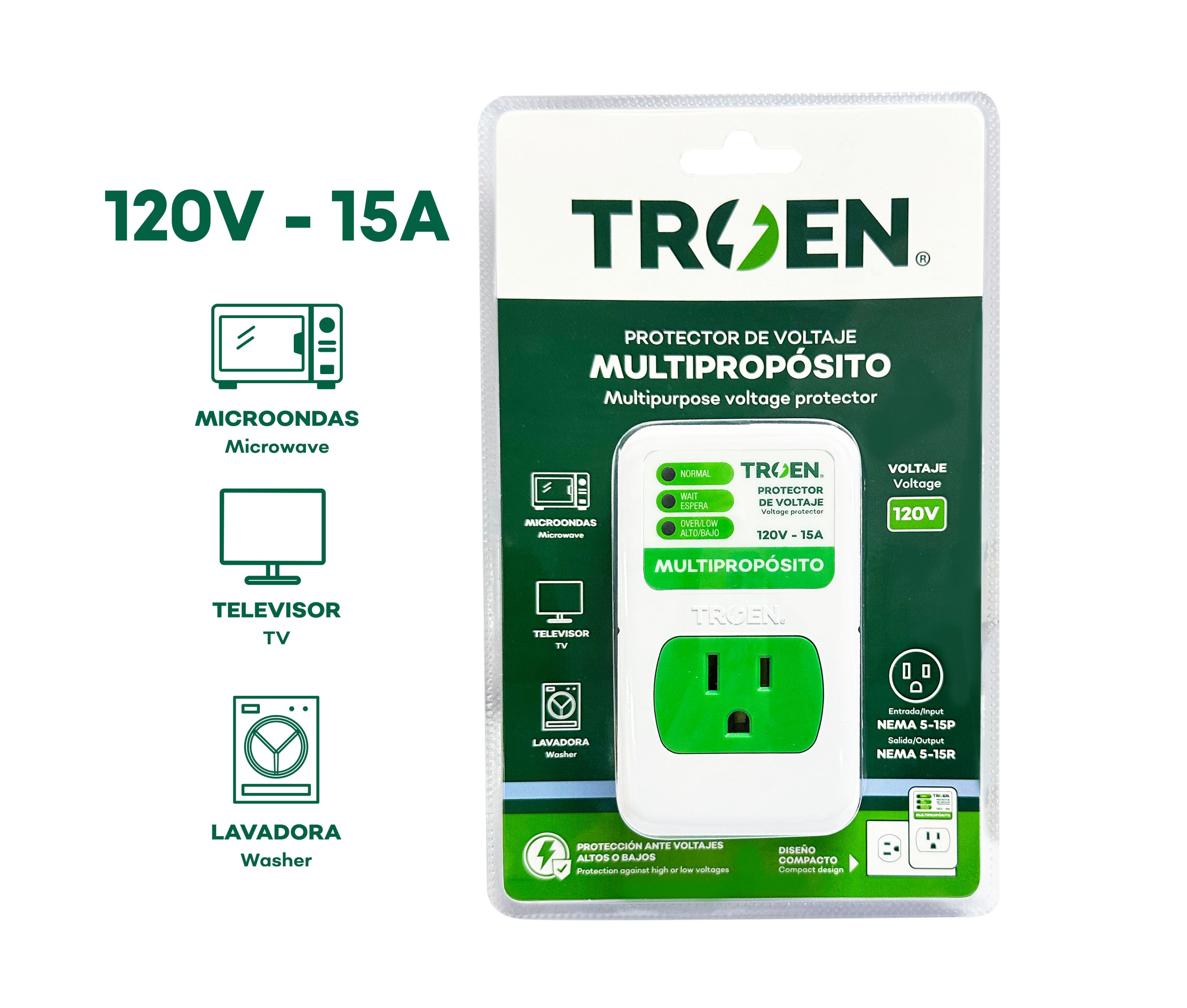 Protector de Voltaje 120V-15A Multipropósito TROEN TR-VP15-120V