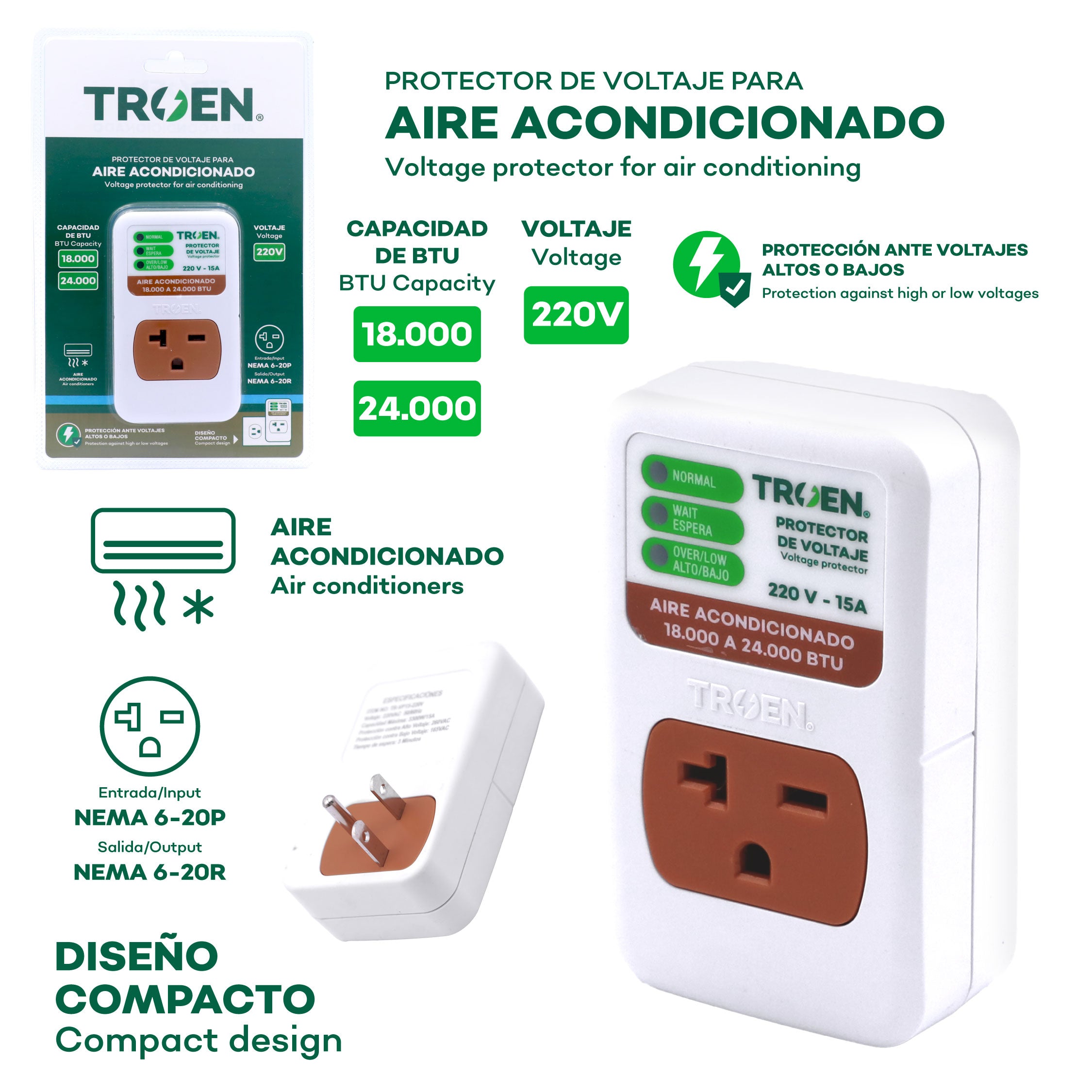 (LLEGANDO 3 DE JULIO) Protector de Voltaje TROEN para Aire Acondicionado 220V 15A 18,000–24,000 BTU TR-VP15-220