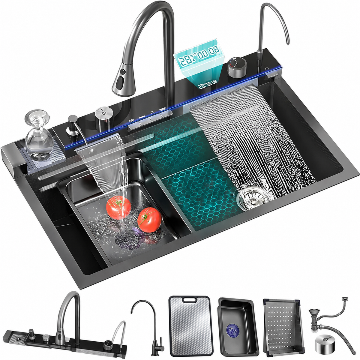 Fregador De Cocina Multifunción Nano Black Piano Switch 750X460x220mm Negro Plomo Fregadores Tinas De Cocina IBK-01