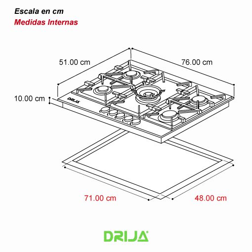 Estufa Empotrable 30" 5 Quemadores Vidrio Templado Toscana 76 PRO Drija DRIJA
