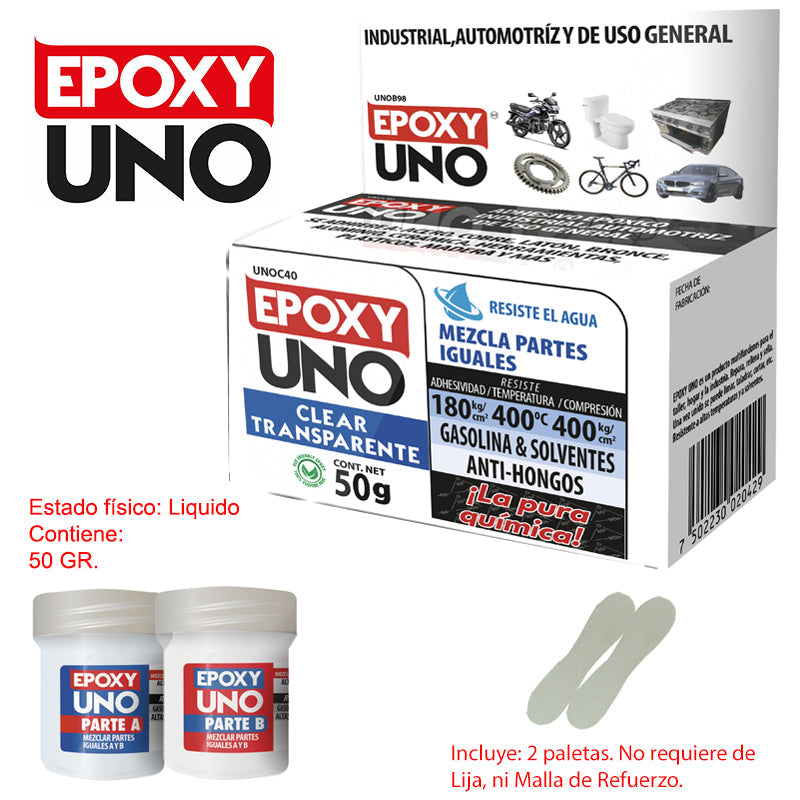 EPOXY UNO "FUSION EPOXY" 50 GRAMOS TRANSPARENTE UNOC40 Pega tanque. Epoxy Uno
